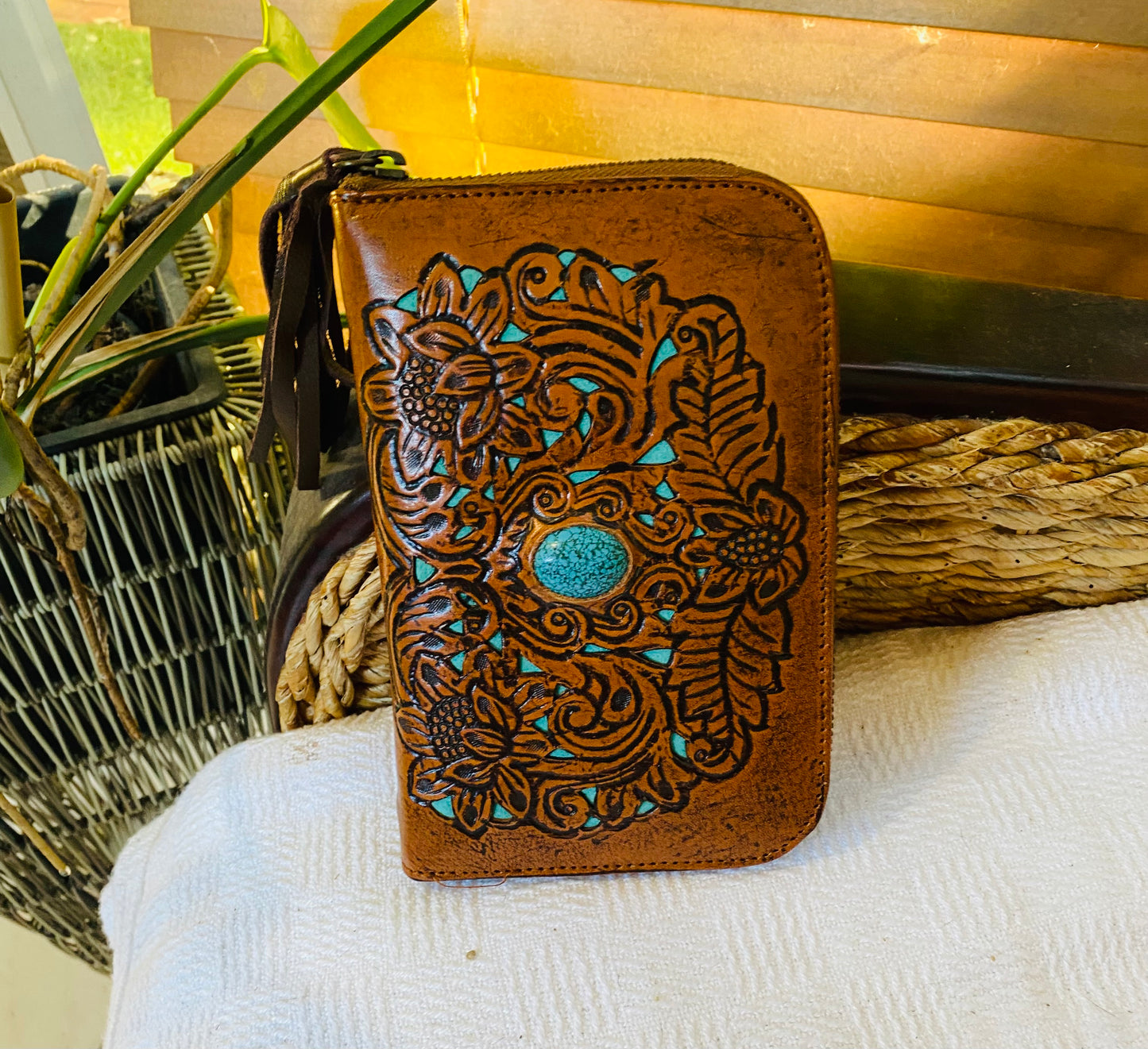 Lotus Carved Leather Wallet Turquoise Inlay and Stone
