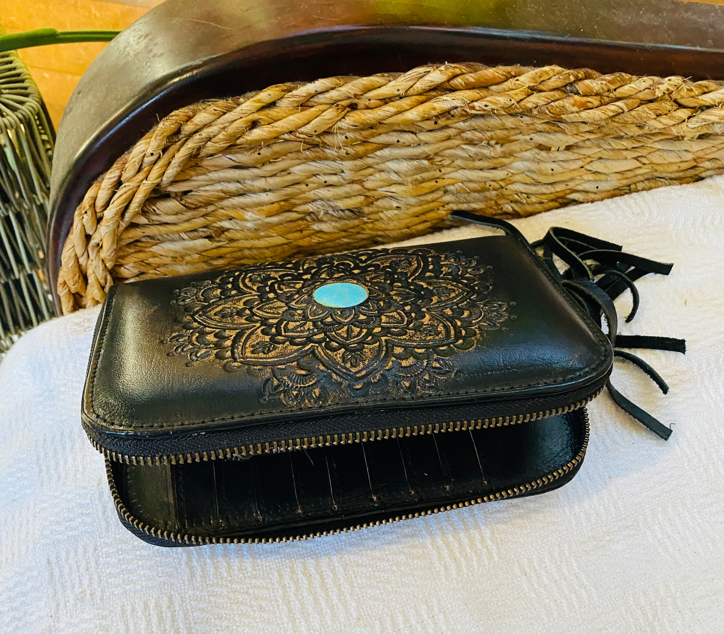 Mandala Leather Wallet Black With Turquoise Stone