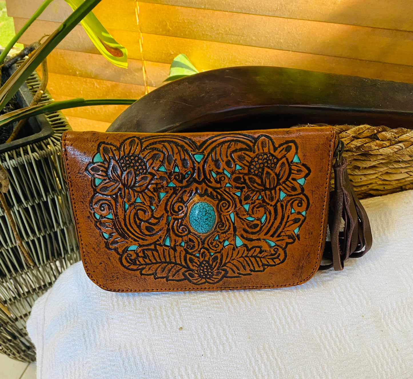 Lotus Carved Leather Wallet Turquoise Inlay and Stone