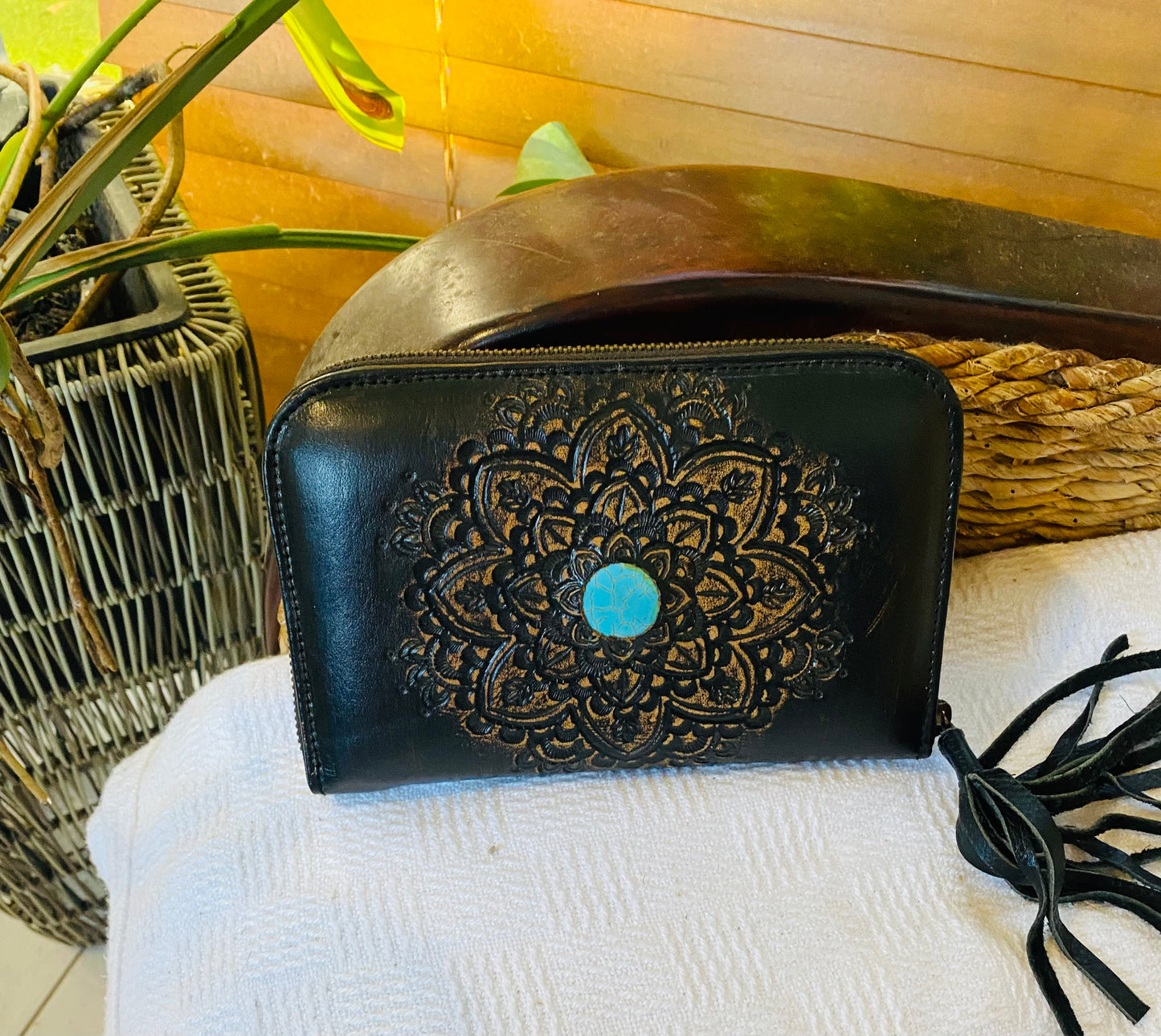 Mandala Leather Wallet Black With Turquoise Stone