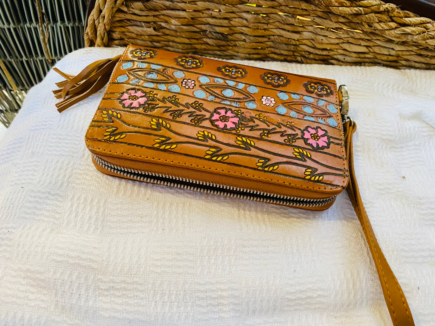 Springtime Leather Purse-Wallet Hand painted