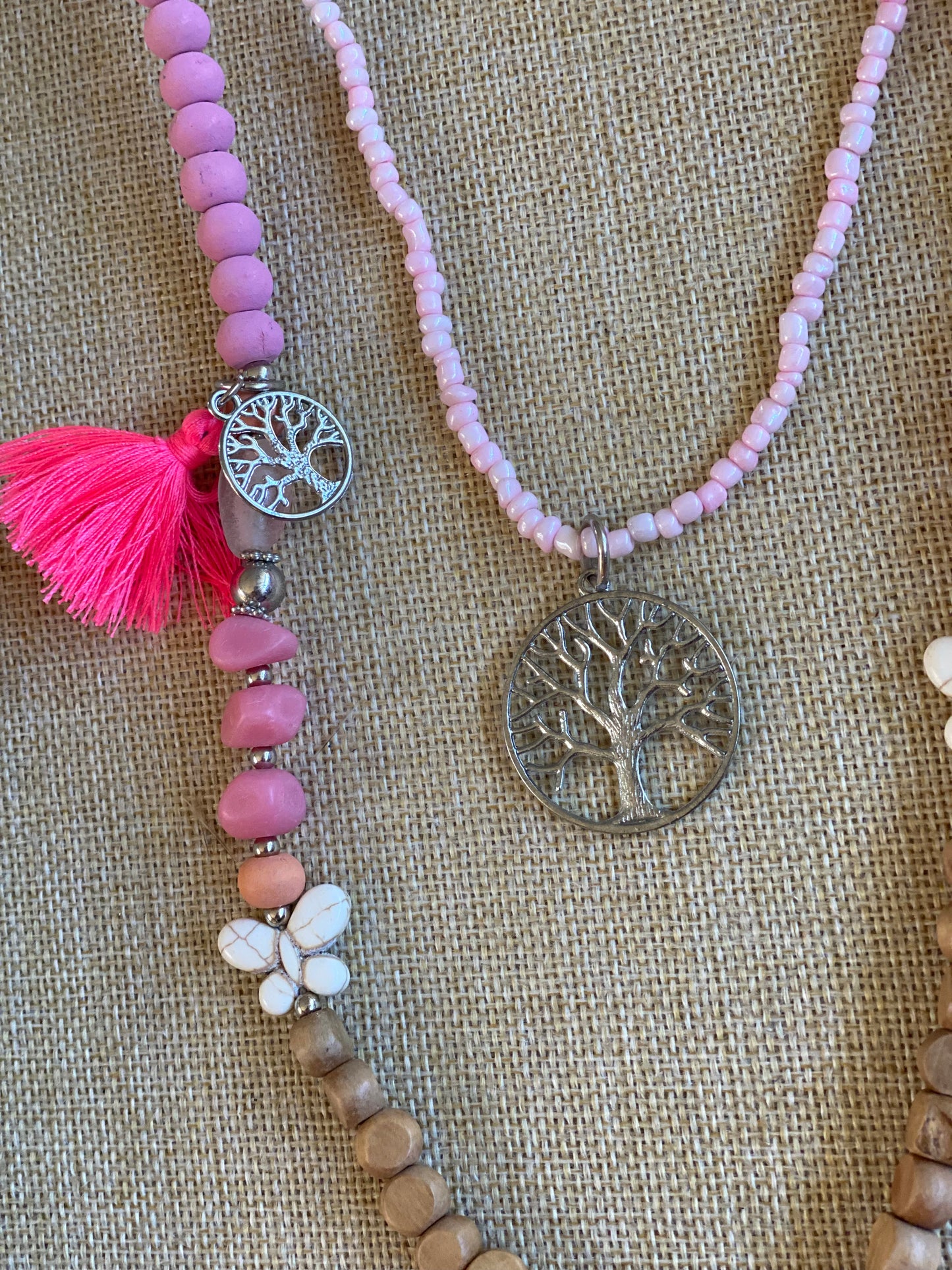 Wood Beads-Heart -Charms Garland Necklace Pink