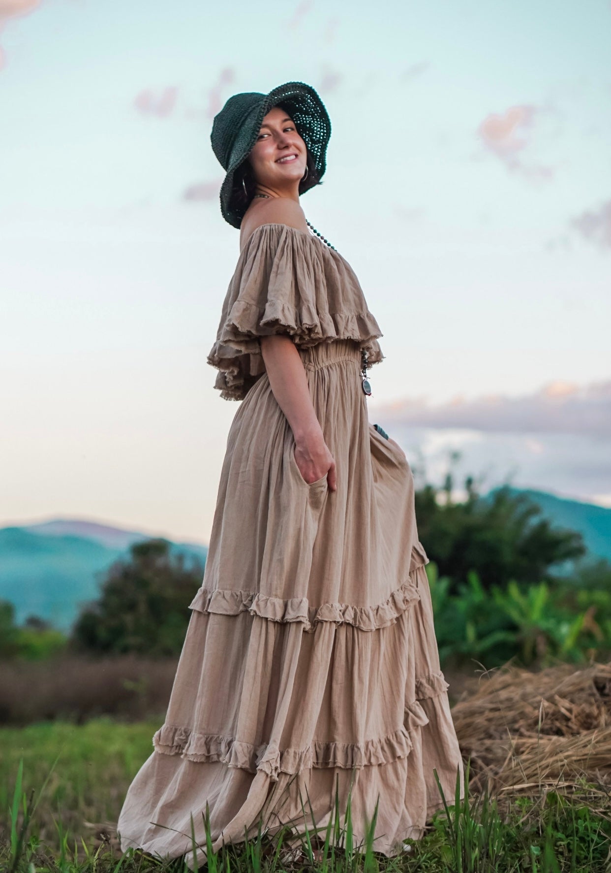 Off The Shoulder Maxi Dress Elastic Waist Latte