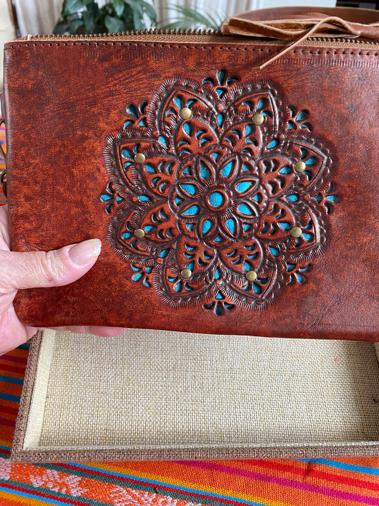 Mandala Leather Clutch with Strap