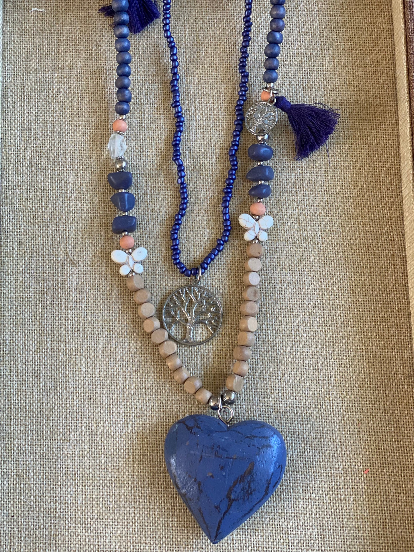 Wood Beads-Heart-Charms Garland Necklace Blue