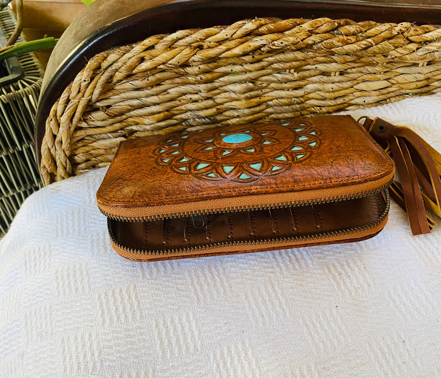 Celtic Moon Leather Wallet Rustic Brown With Turquoise Stone