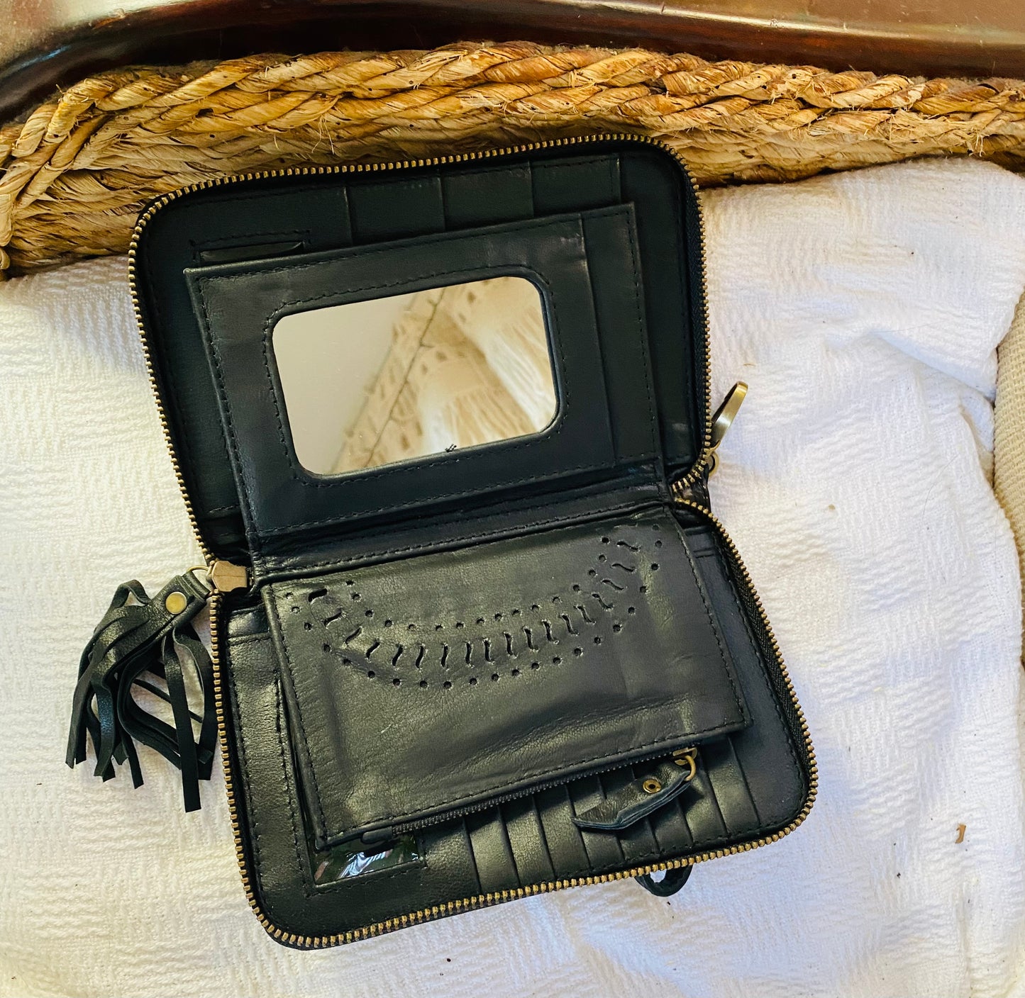 Majestic Carved Leather Wallet Black Turquoise Inlay