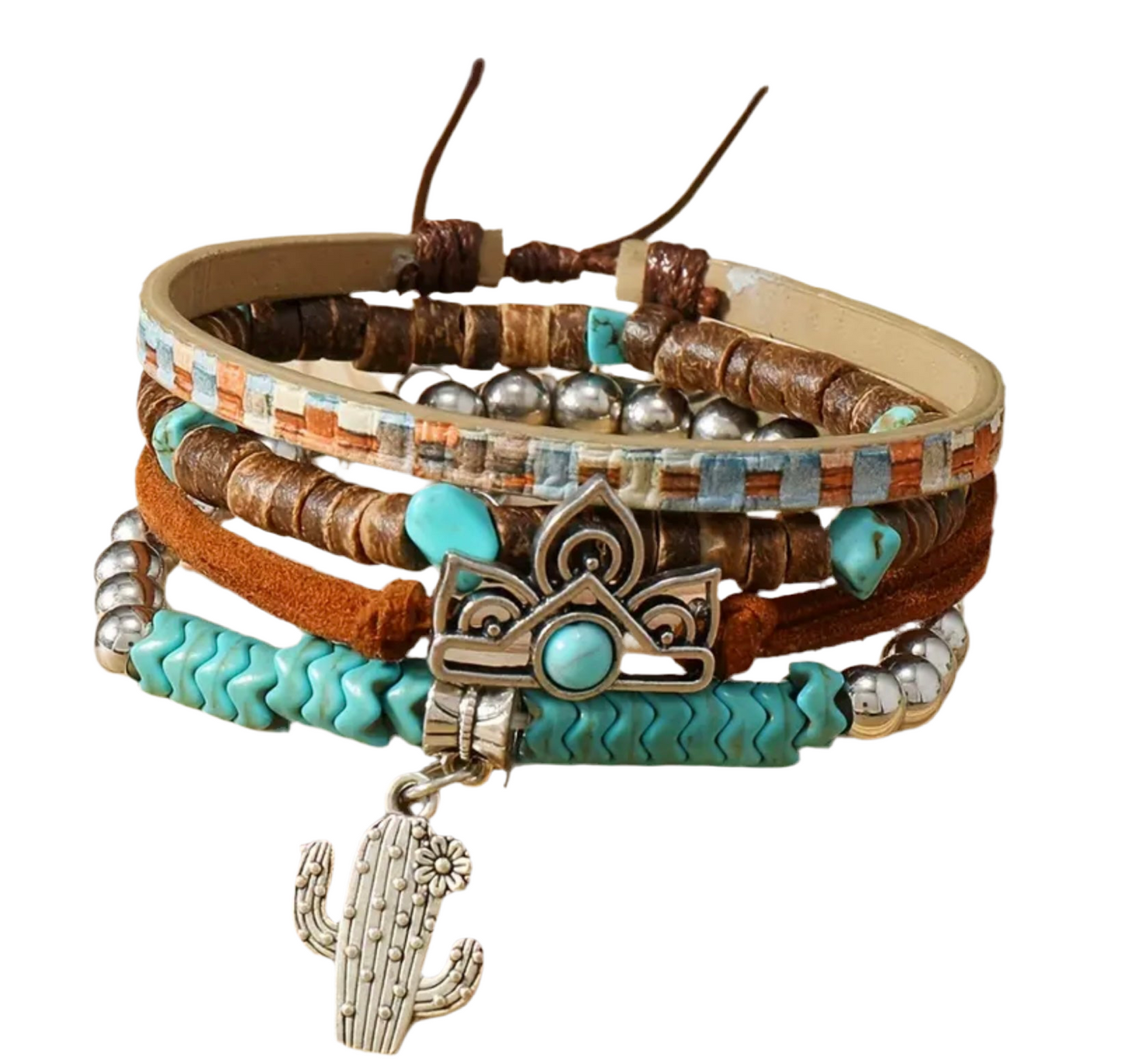 Boho Silver Plated Charms Leather Layered Bracelet Turquoise Beads