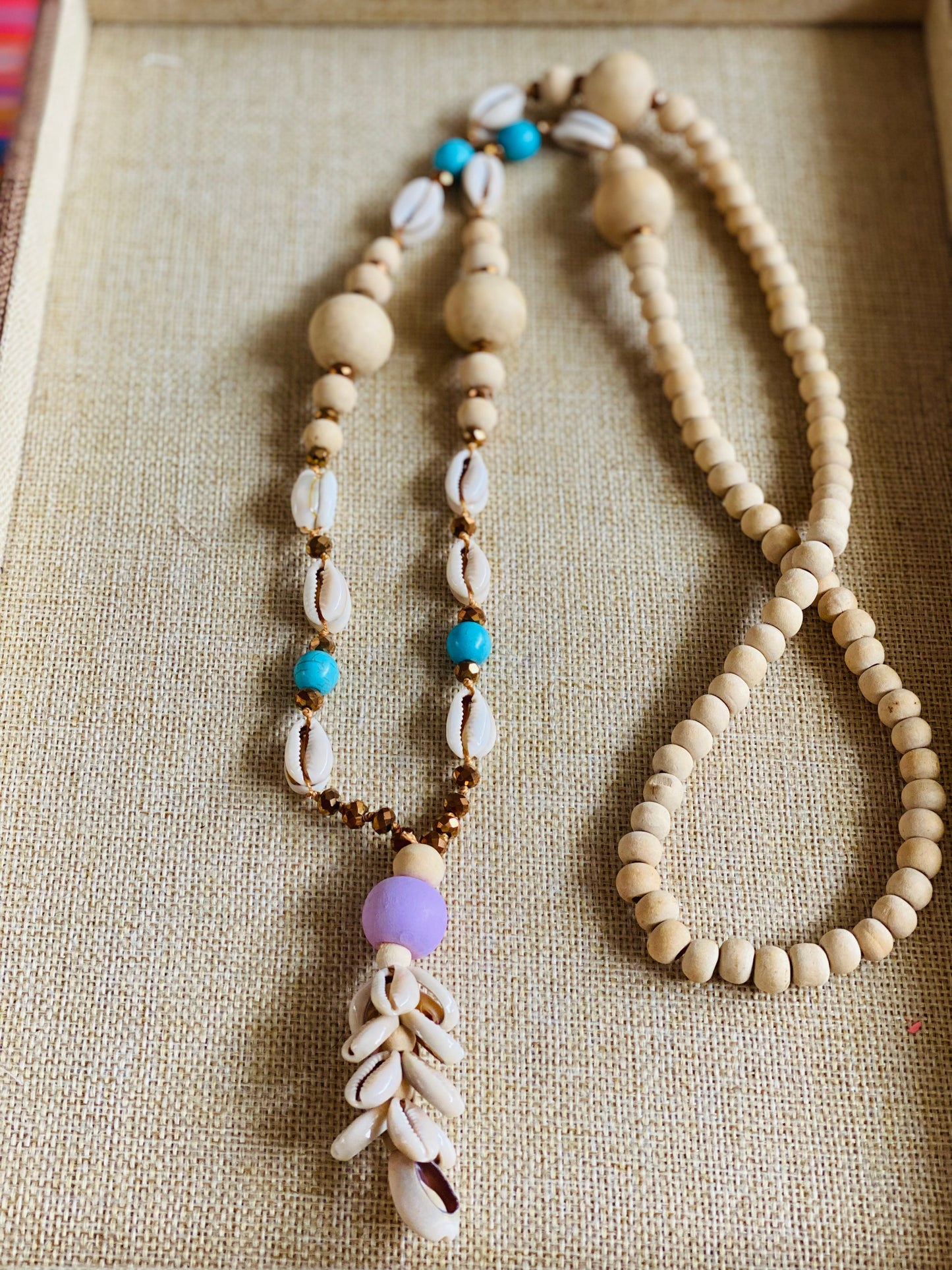 Natural Wood Beaded Shell Garland Necklace