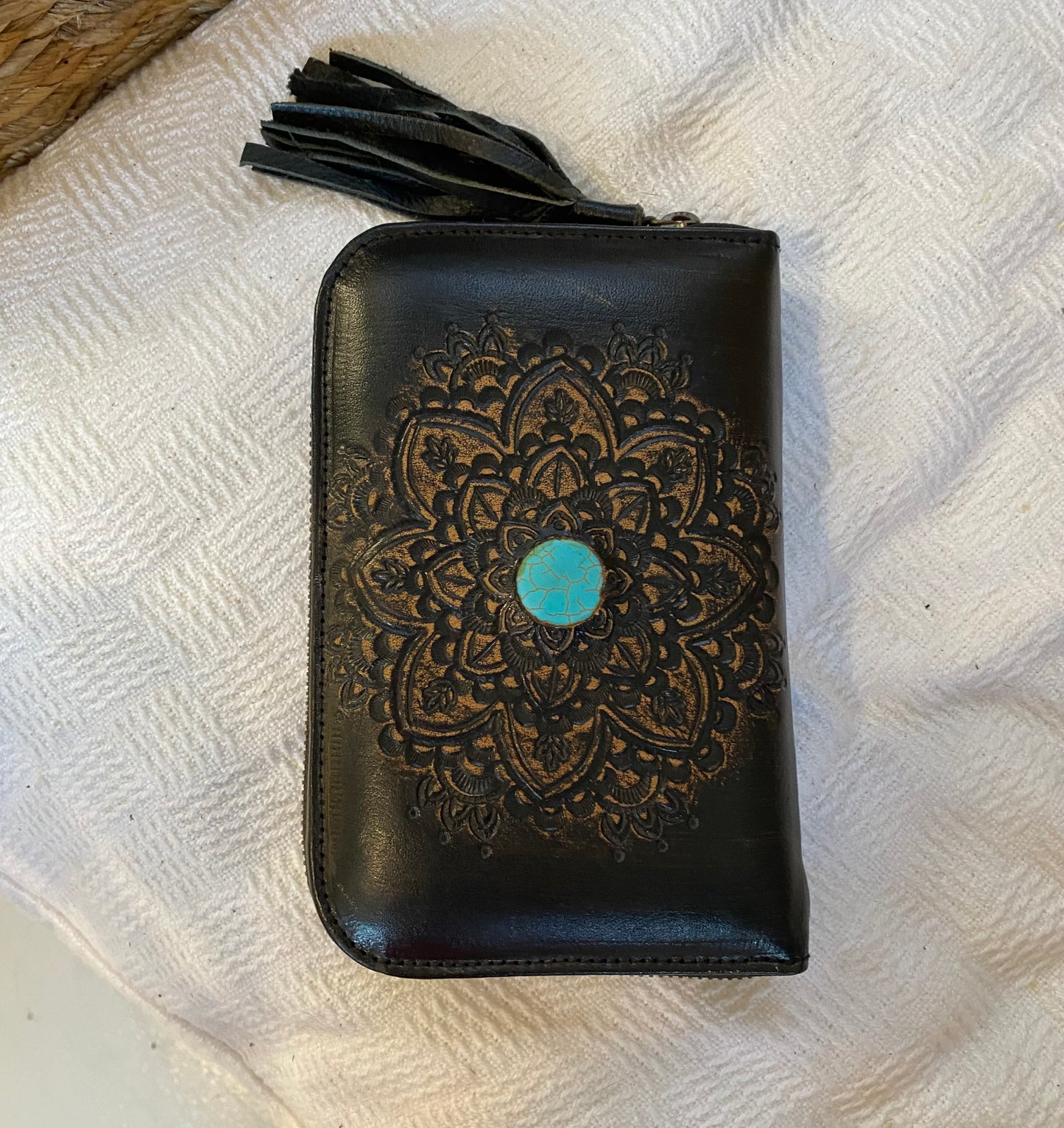 Mandala Leather Wallet Black With Turquoise Stone
