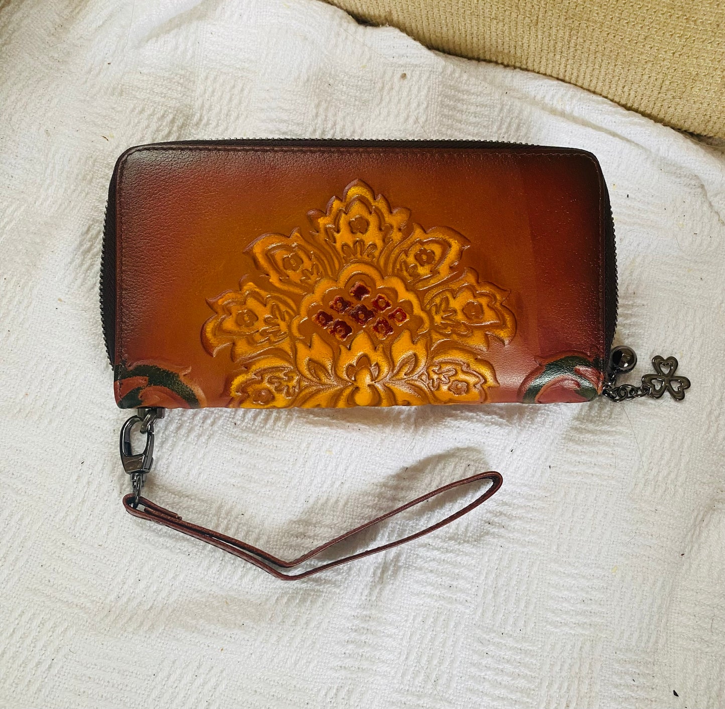 Leather Purse Dark Rustic Brown Filagree Print