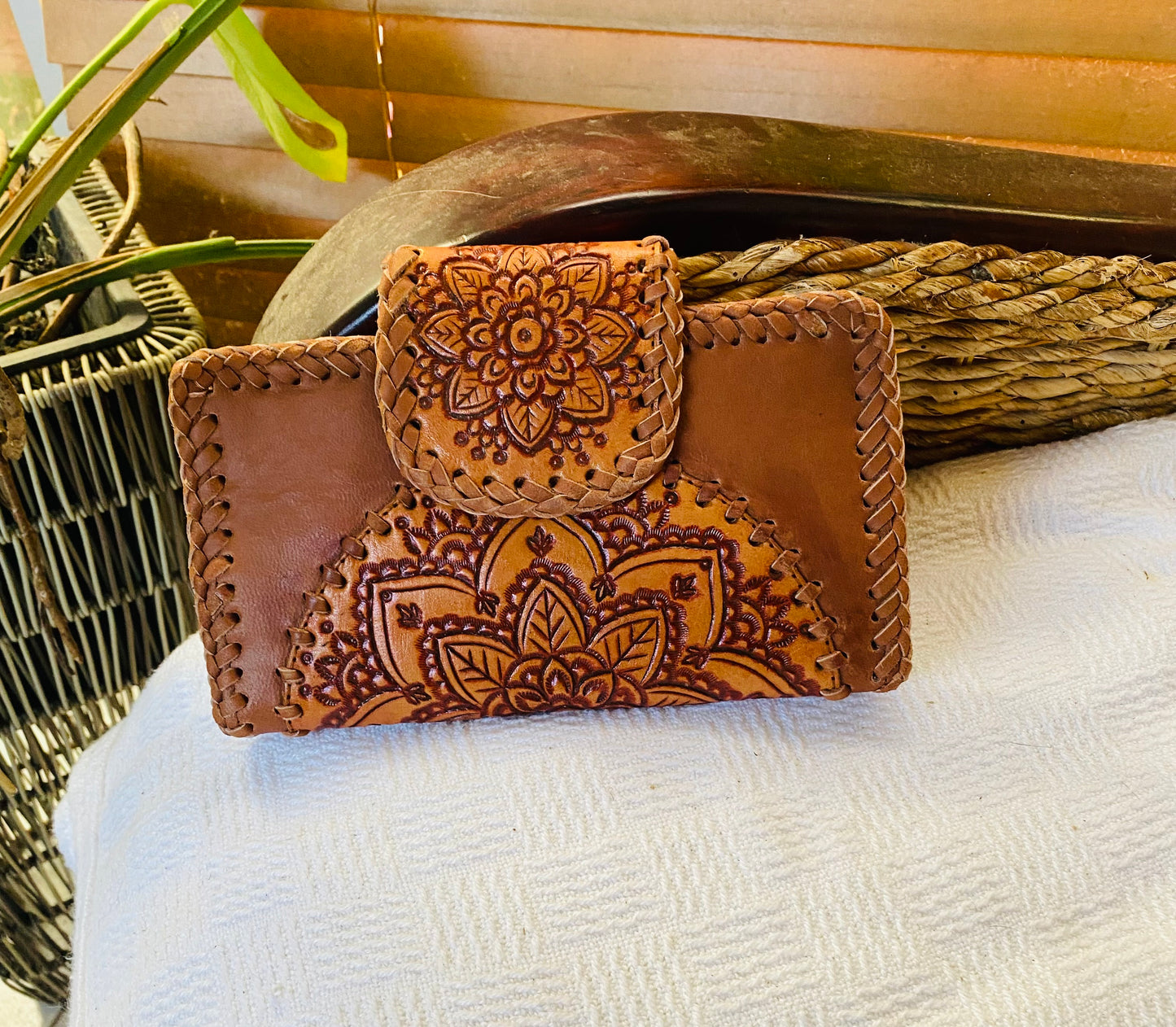Aloha Mandala Leather Wallet Rustic Brown Plaid Stitching