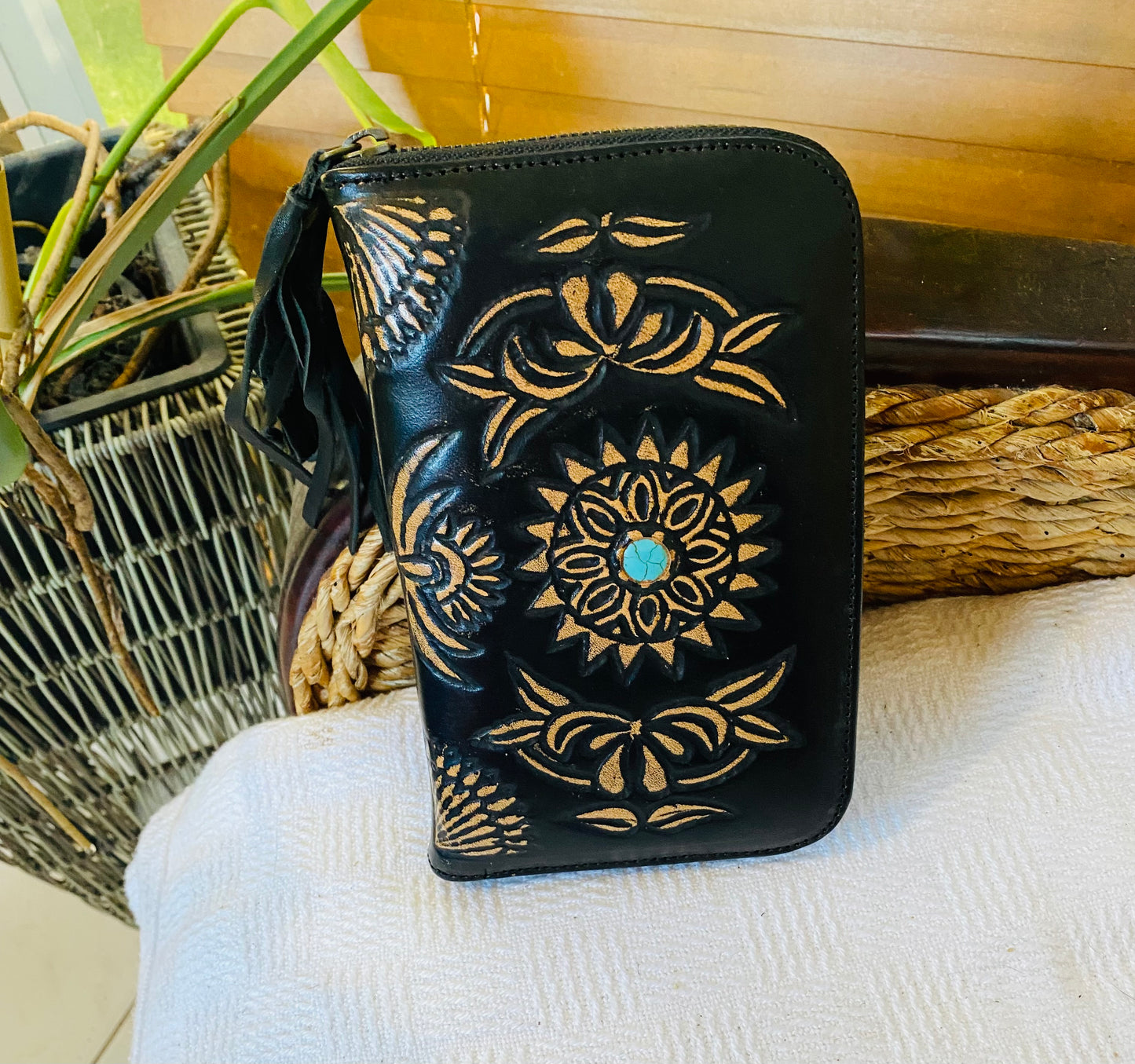 Cosmic Sun Leather Wallet Black With Turquoise Stone