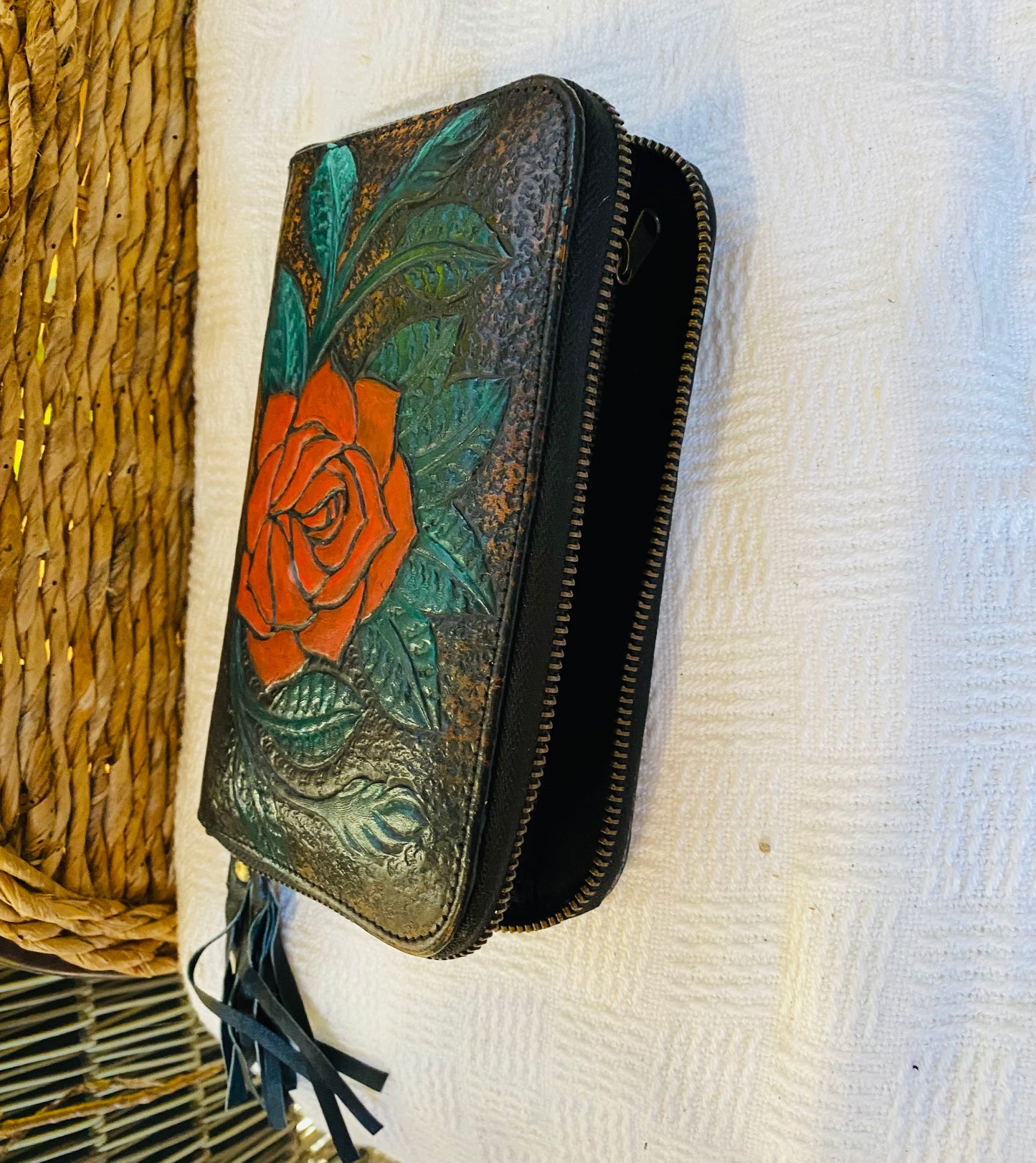 Western Rose Leather Purse Vintage Brown