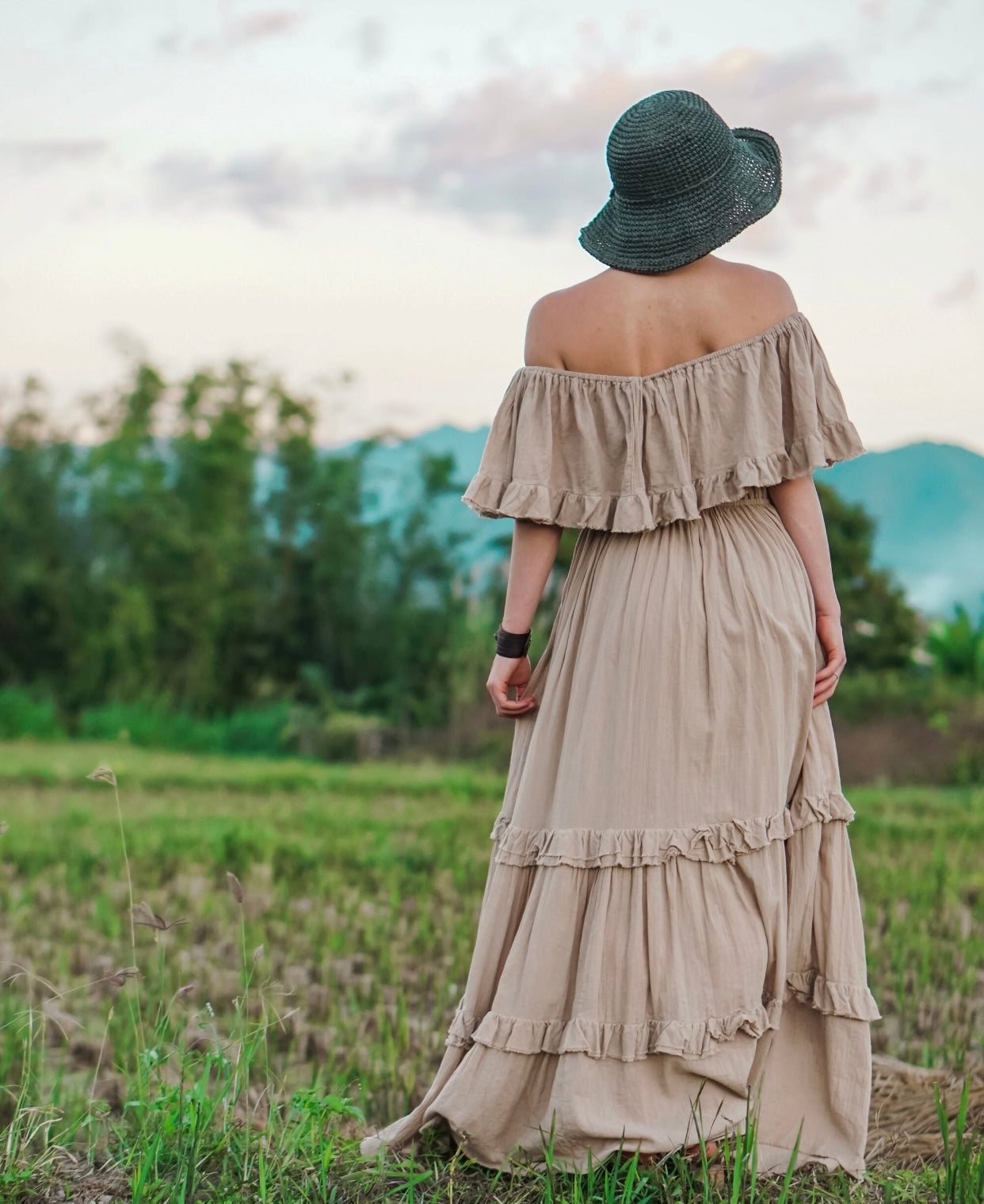 Off The Shoulder Maxi Dress Elastic Waist Latte