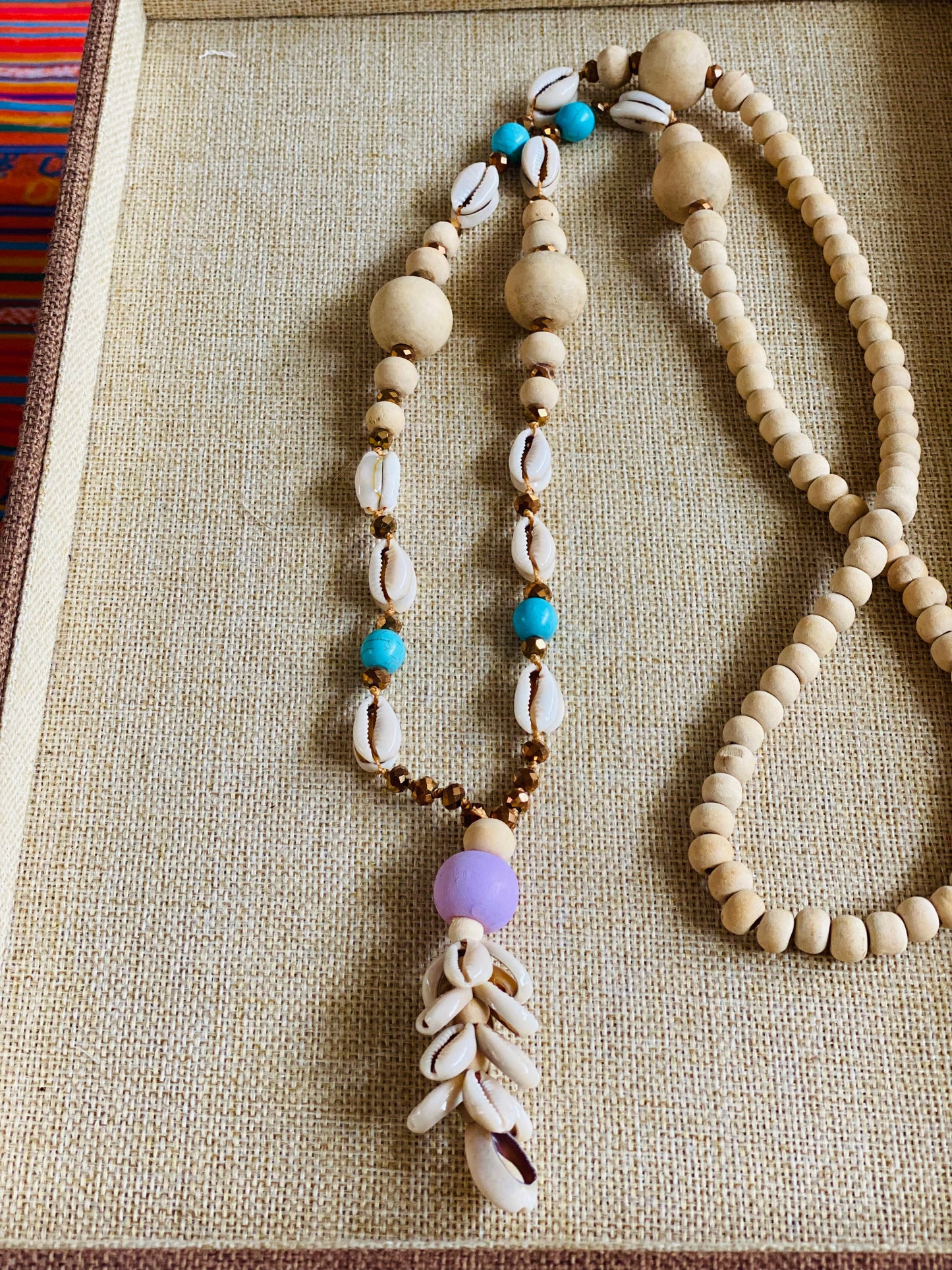 Natural Wood Beaded Shell Garland Necklace