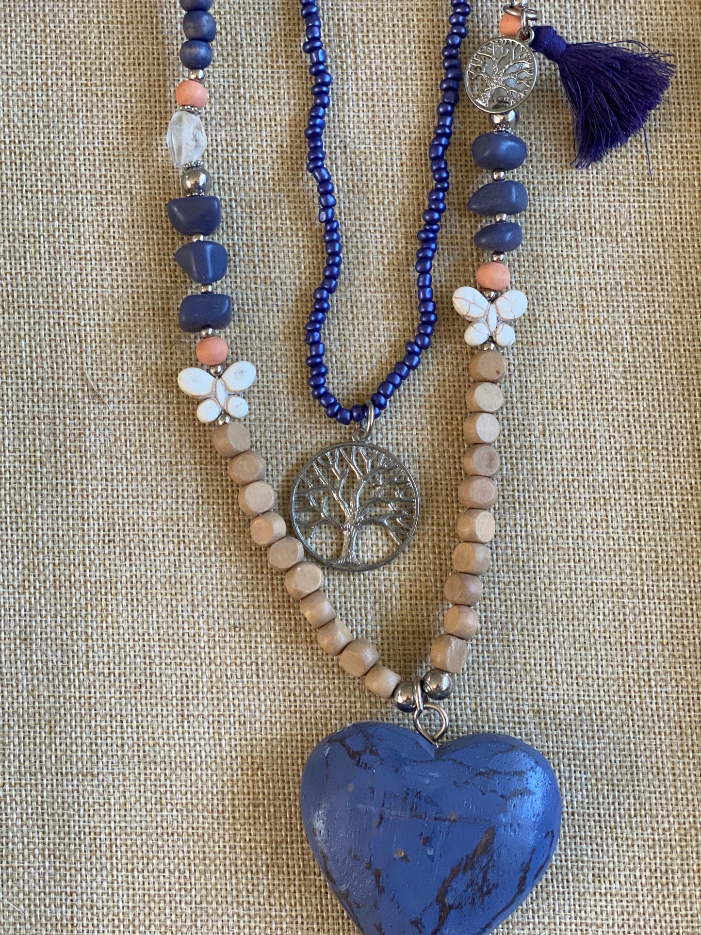 Wood Beads-Heart-Charms Garland Necklace Blue