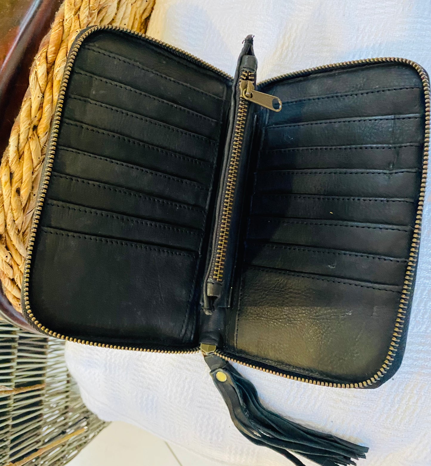 Cosmic Sun Leather Wallet Black With Turquoise Stone
