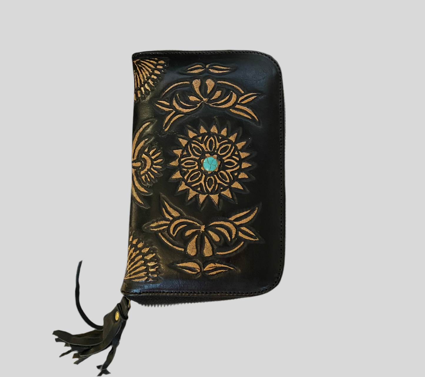 Cosmic Sun Leather Wallet Black With Turquoise Stone