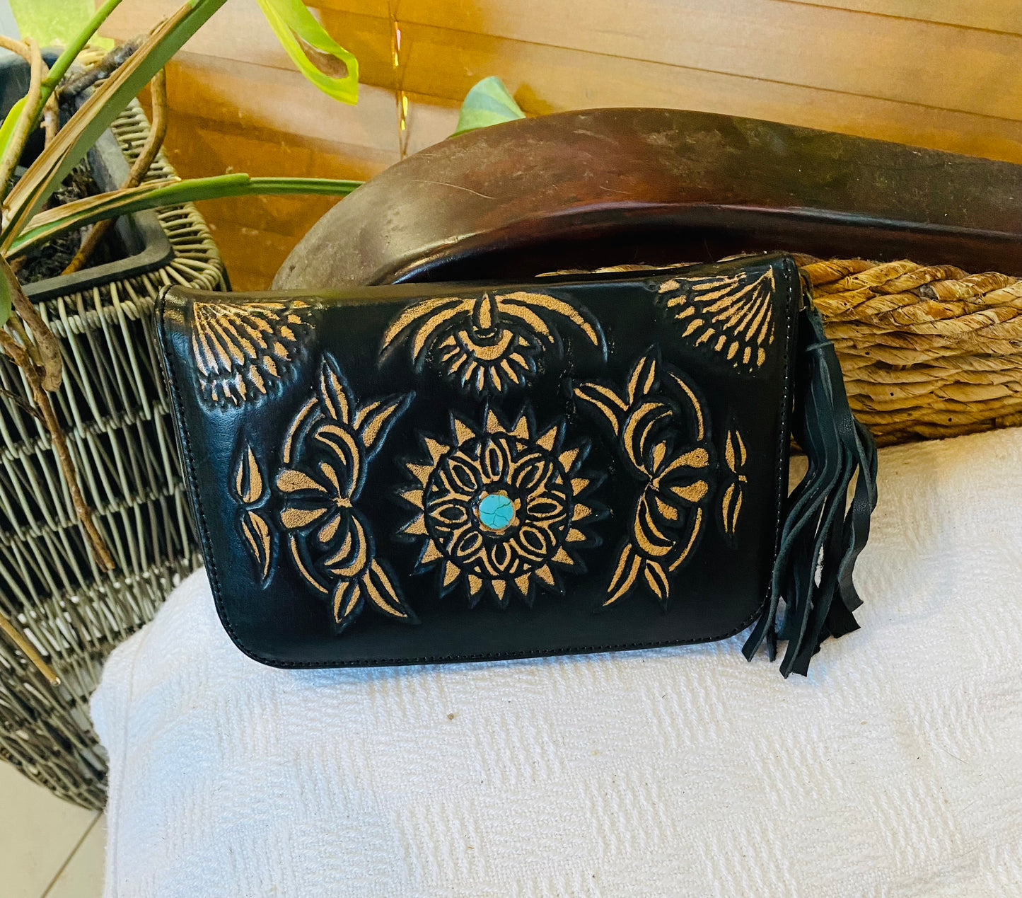 Cosmic Sun Leather Wallet Black With Turquoise Stone