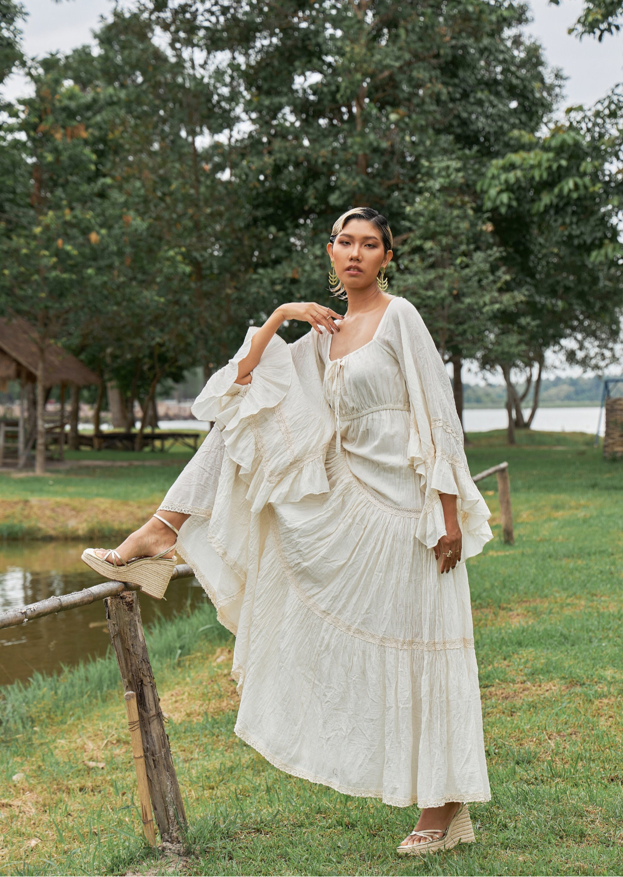 Angel Sleeves Maxi Dress Cotton-Trim-LaceUp Front