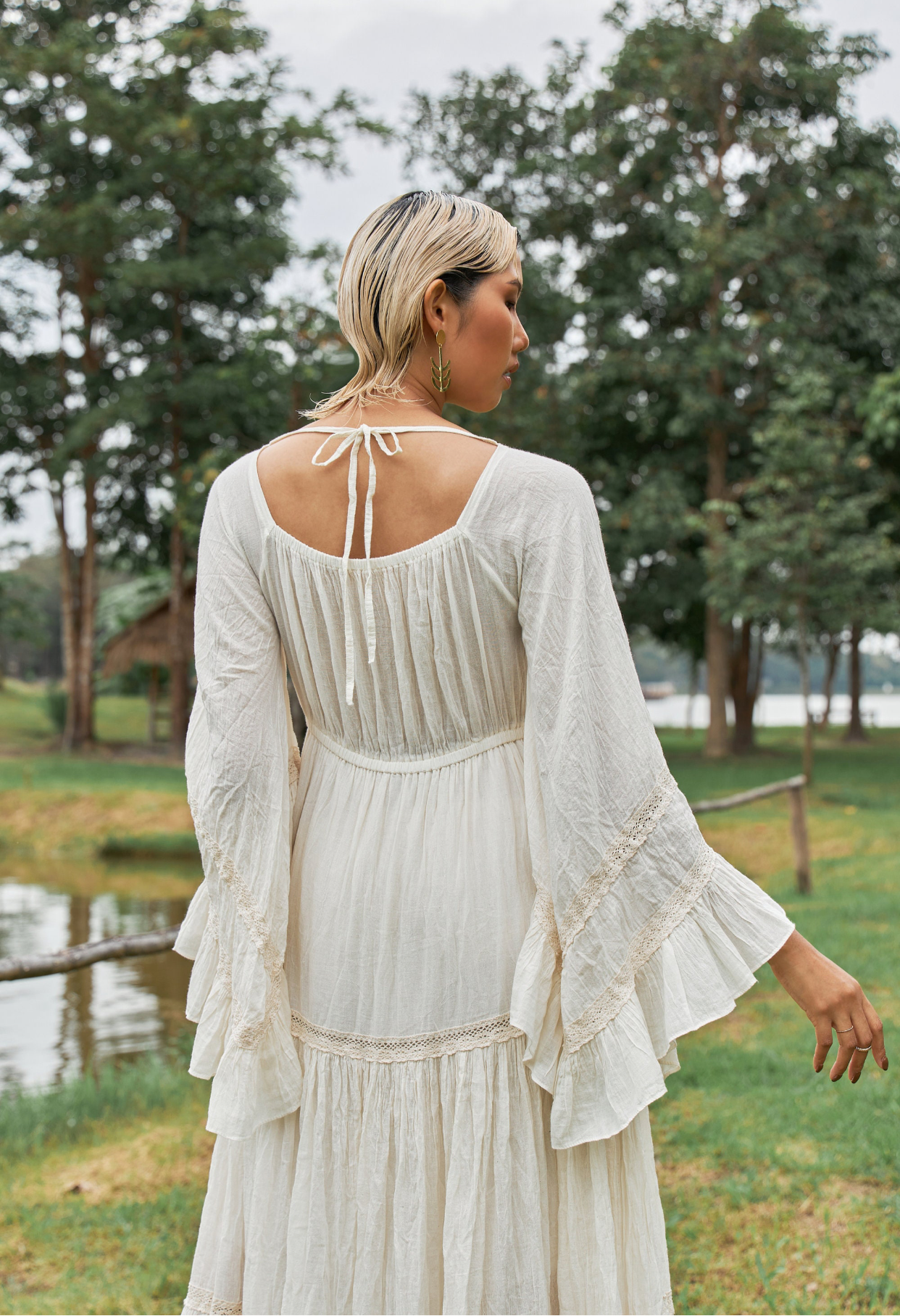 Angel Sleeves Maxi Dress Cotton-Trim-LaceUp Front