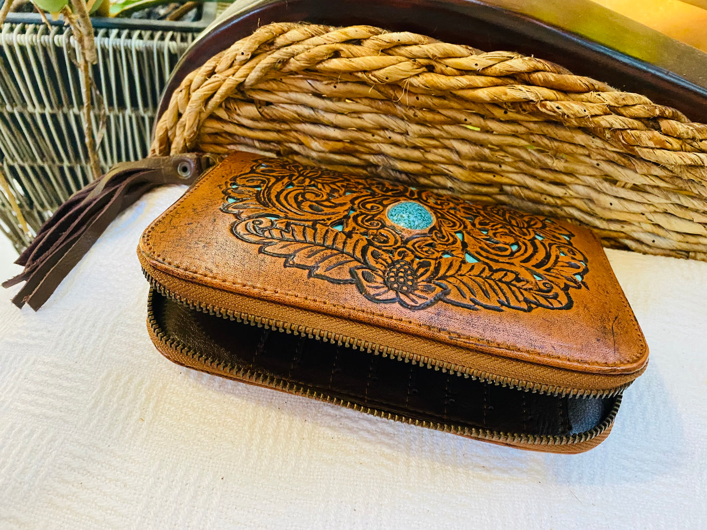 Lotus Carved Leather Wallet Turquoise Inlay and Stone