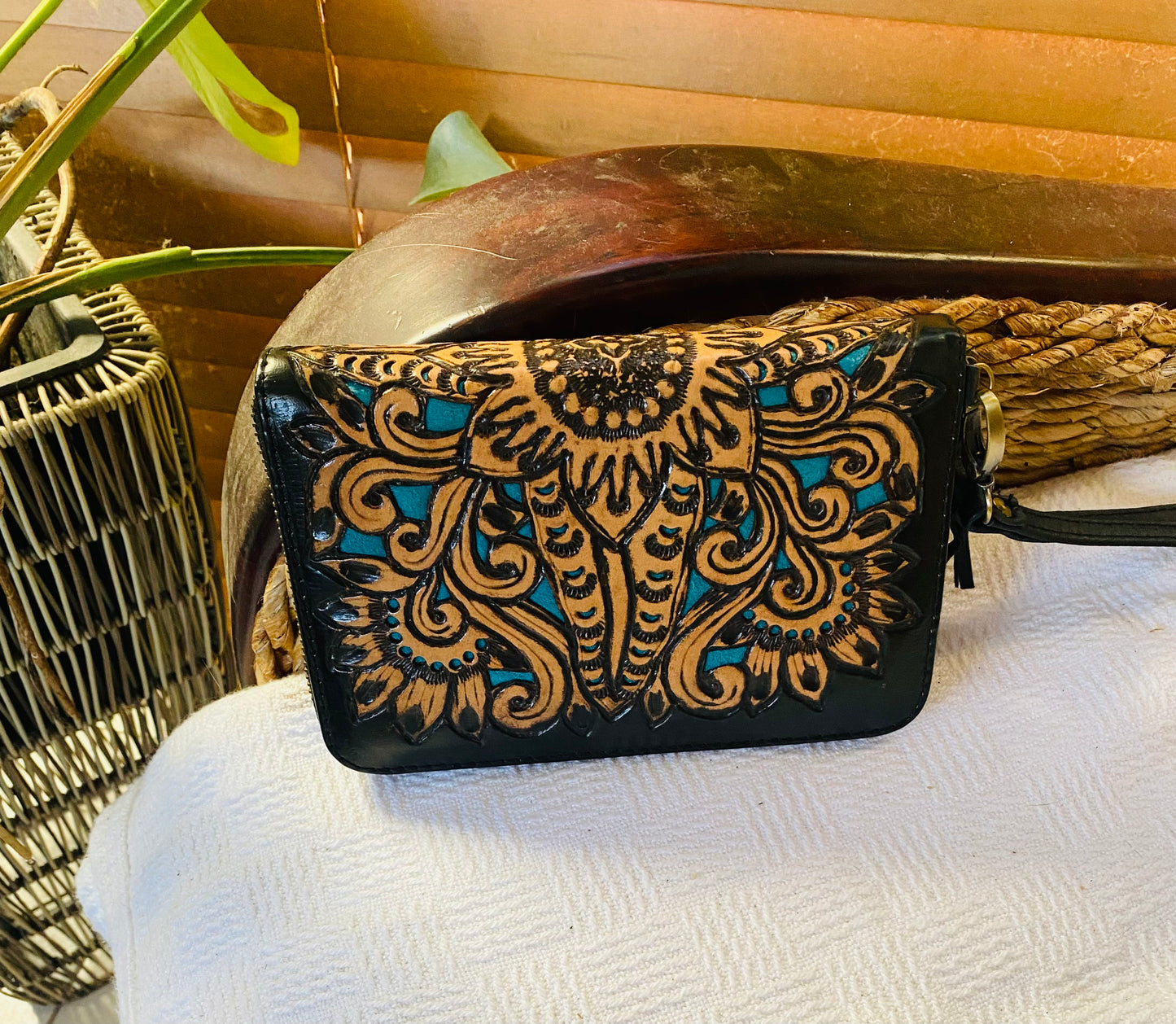 Majestic Carved Leather Wallet Black Turquoise Inlay
