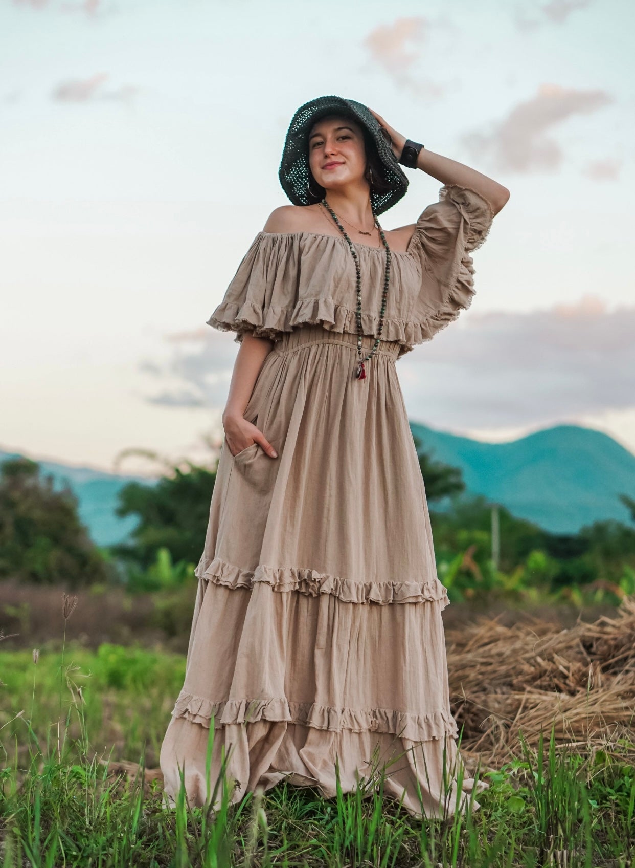Off The Shoulder Maxi Dress Elastic Waist Latte