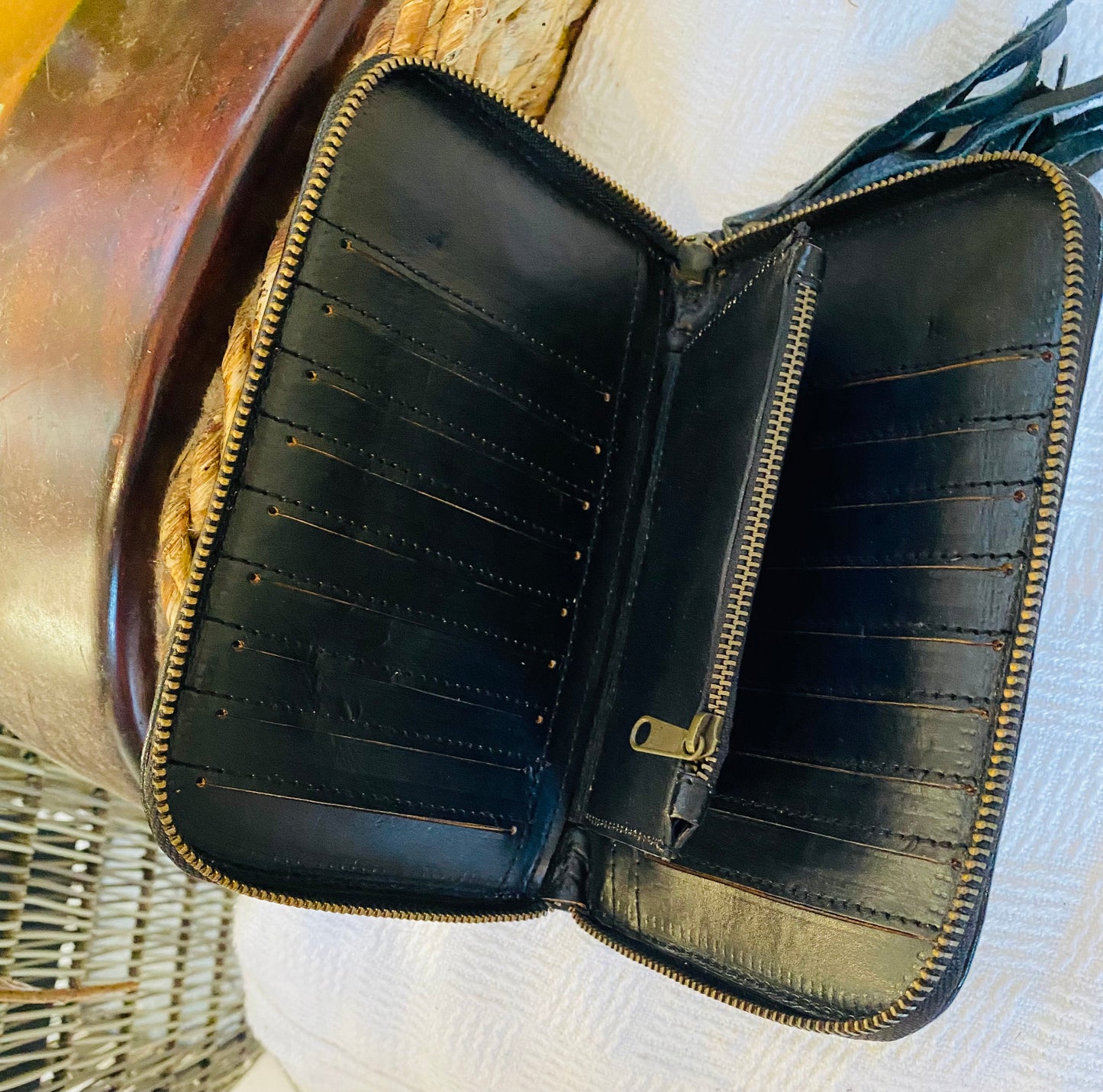 Mandala Leather Wallet Black With Turquoise Stone