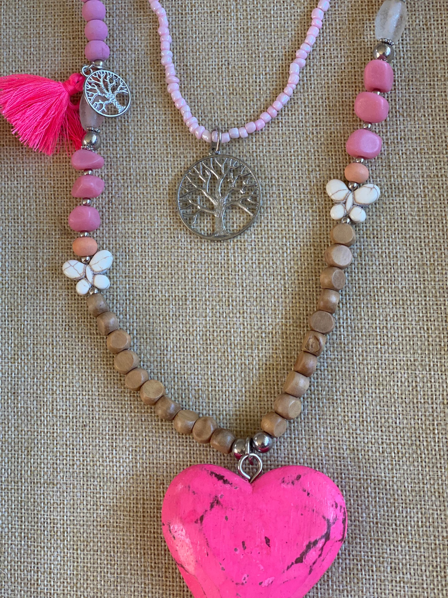 Wood Beads-Heart -Charms Garland Necklace Pink