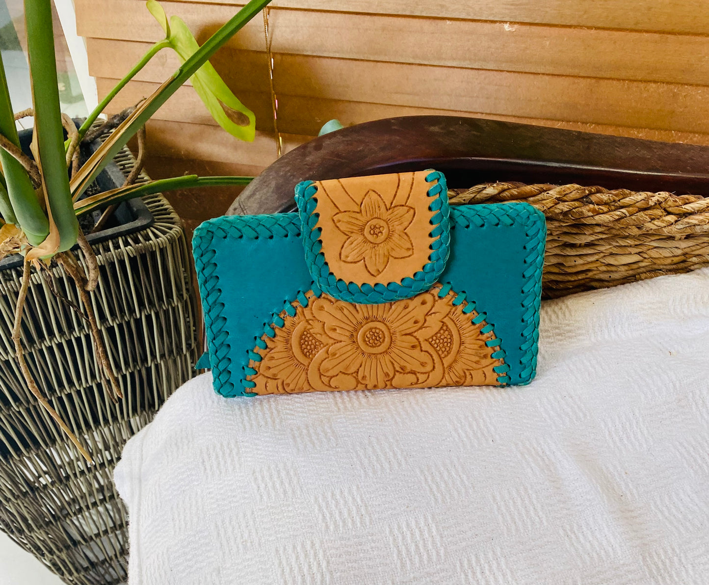 Aloha Mandala Leather Wallet Turquoise and Tan Plaid Stitching