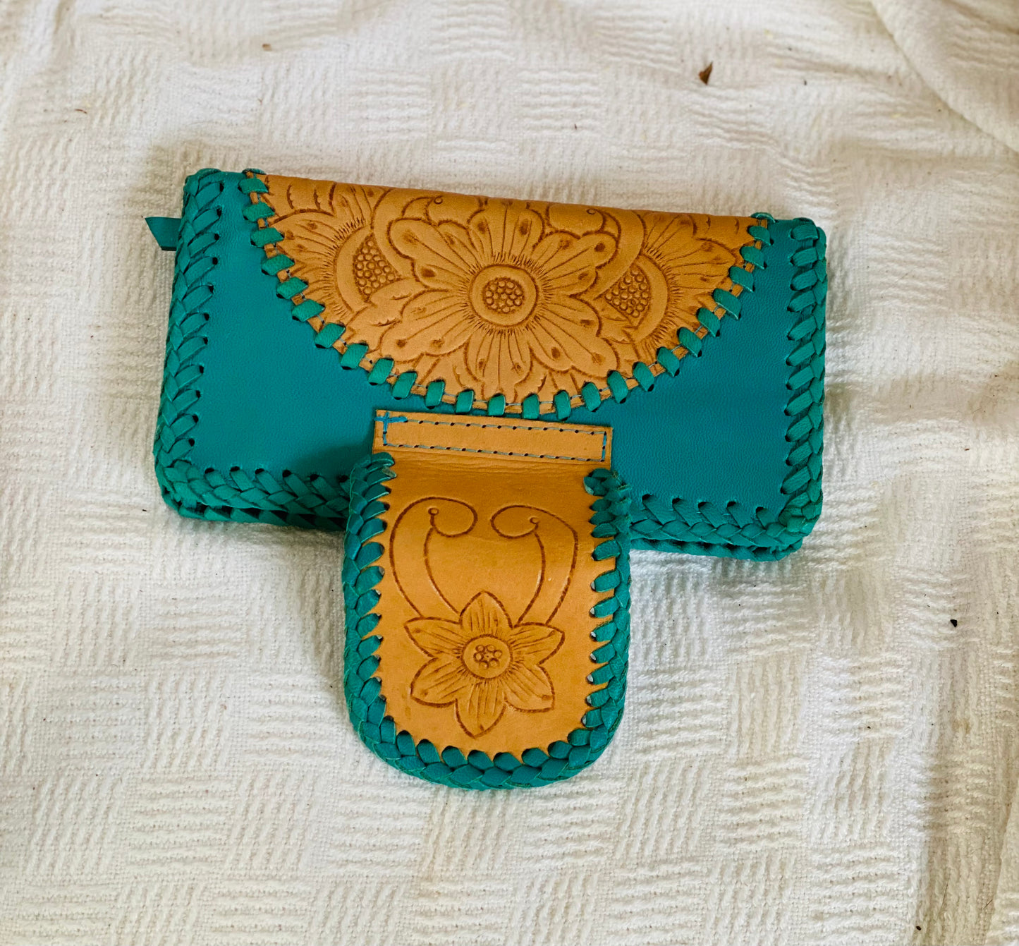 Aloha Mandala Leather Wallet Turquoise and Tan Plaid Stitching