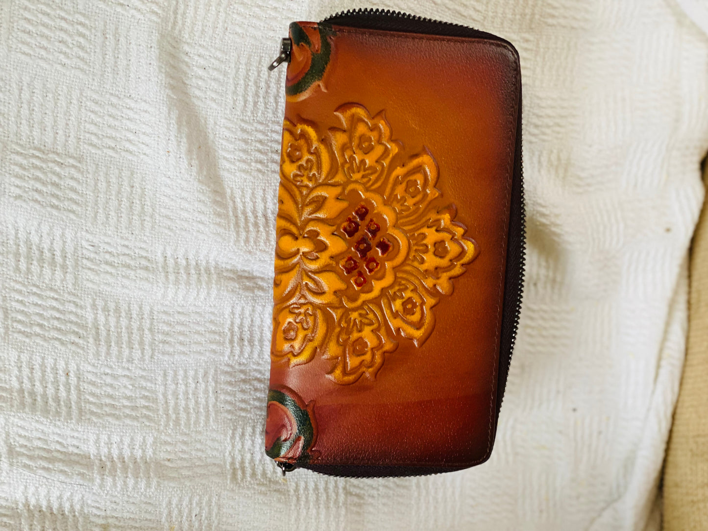 Leather Purse Dark Rustic Brown Filagree Print