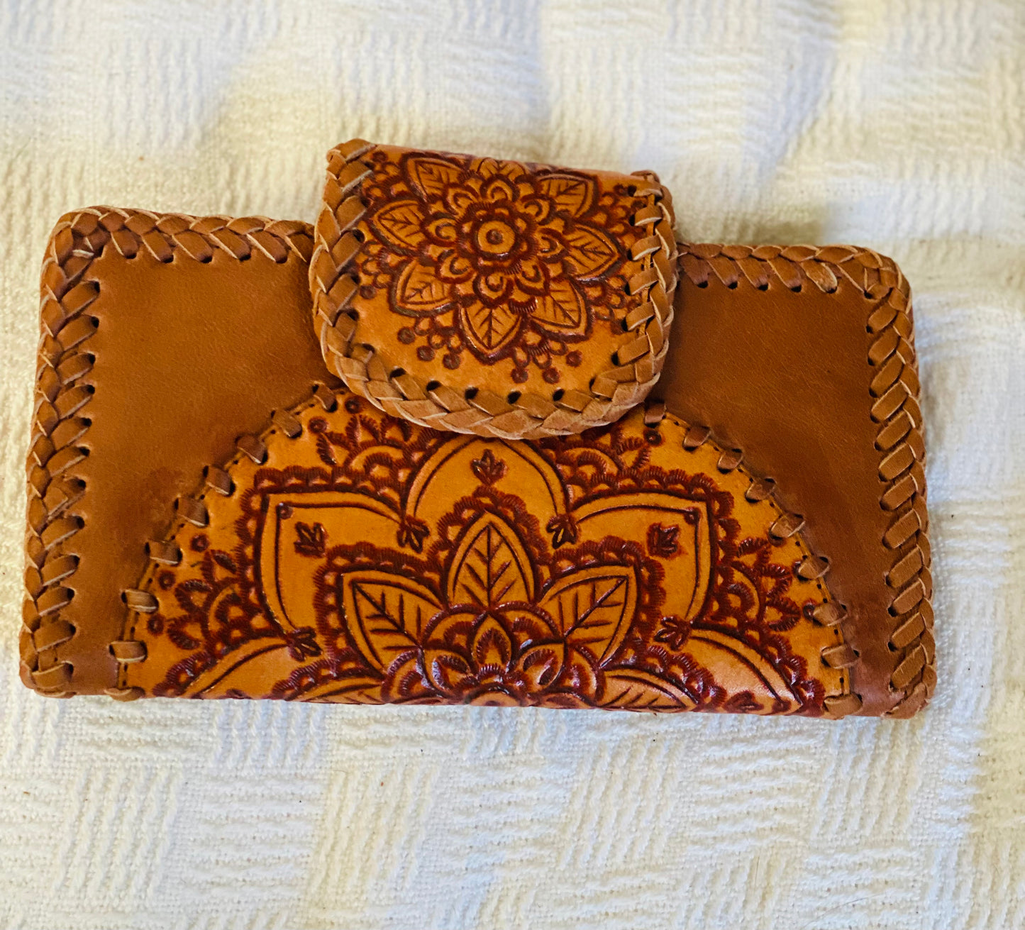 Aloha Mandala Leather Wallet Rustic Brown Plaid Stitching