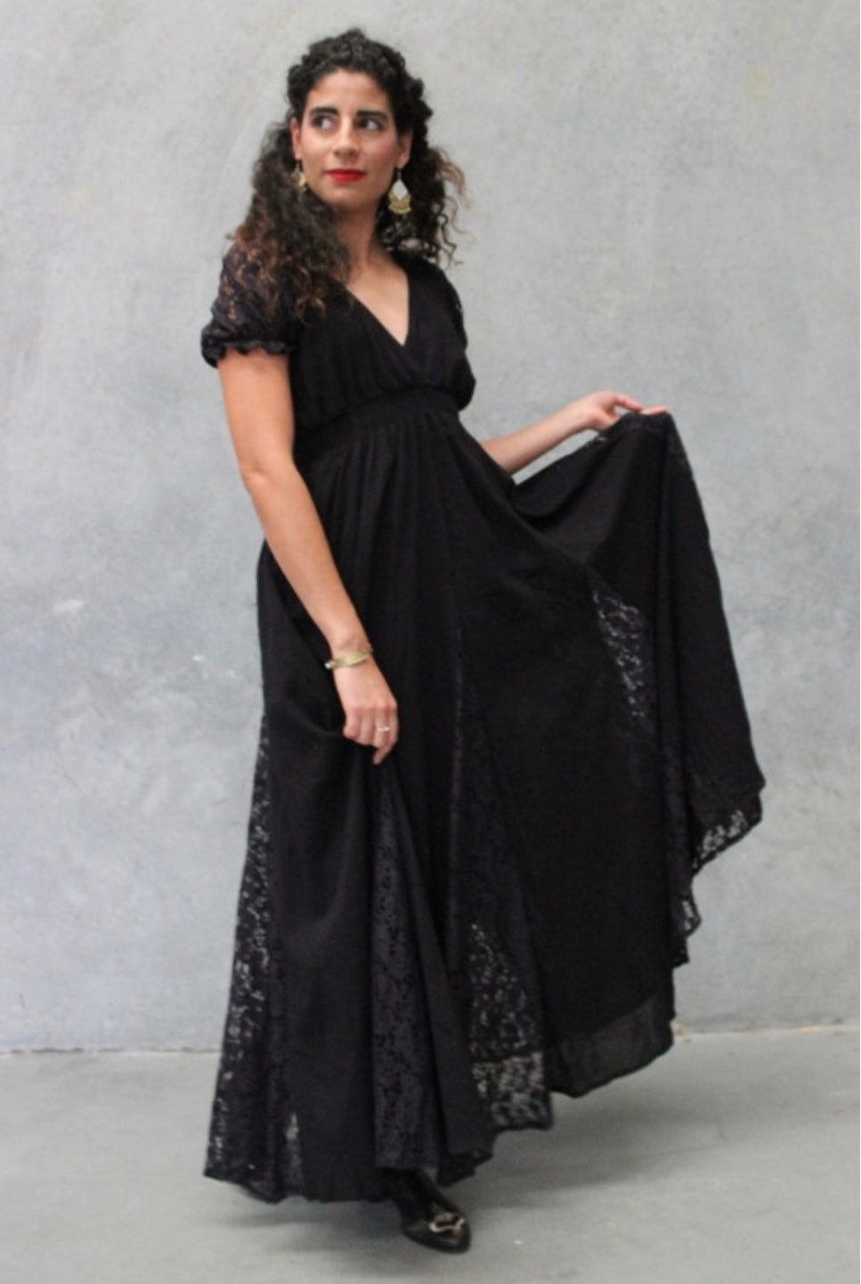Prairie Maxi Dress Black Cotton With Full Lace Panels