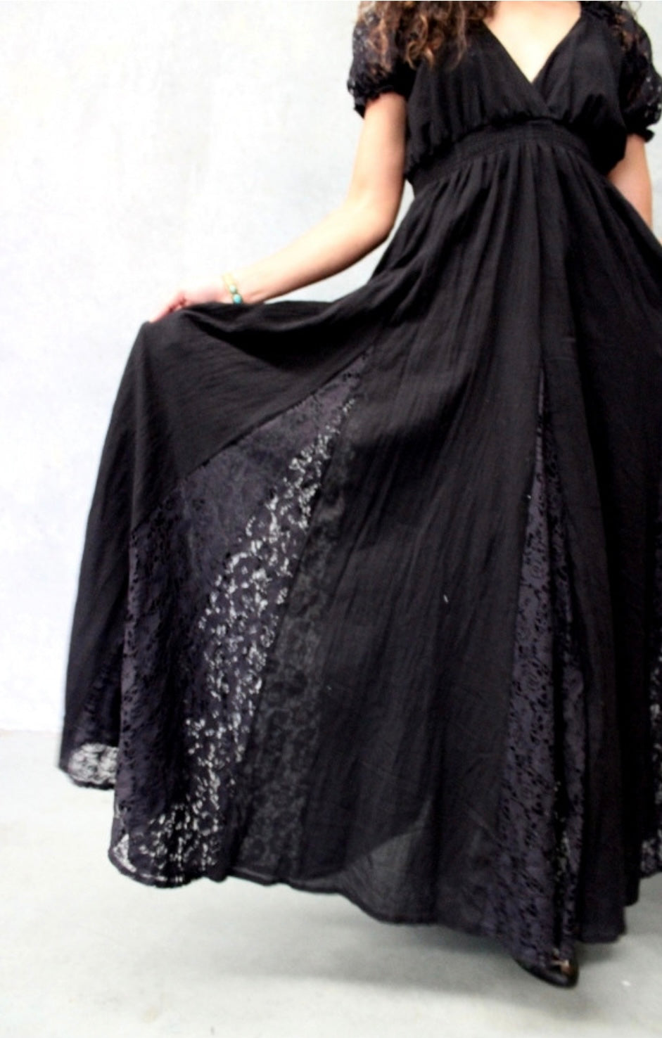 Prairie Maxi Dress Black Cotton With Full Lace Panels