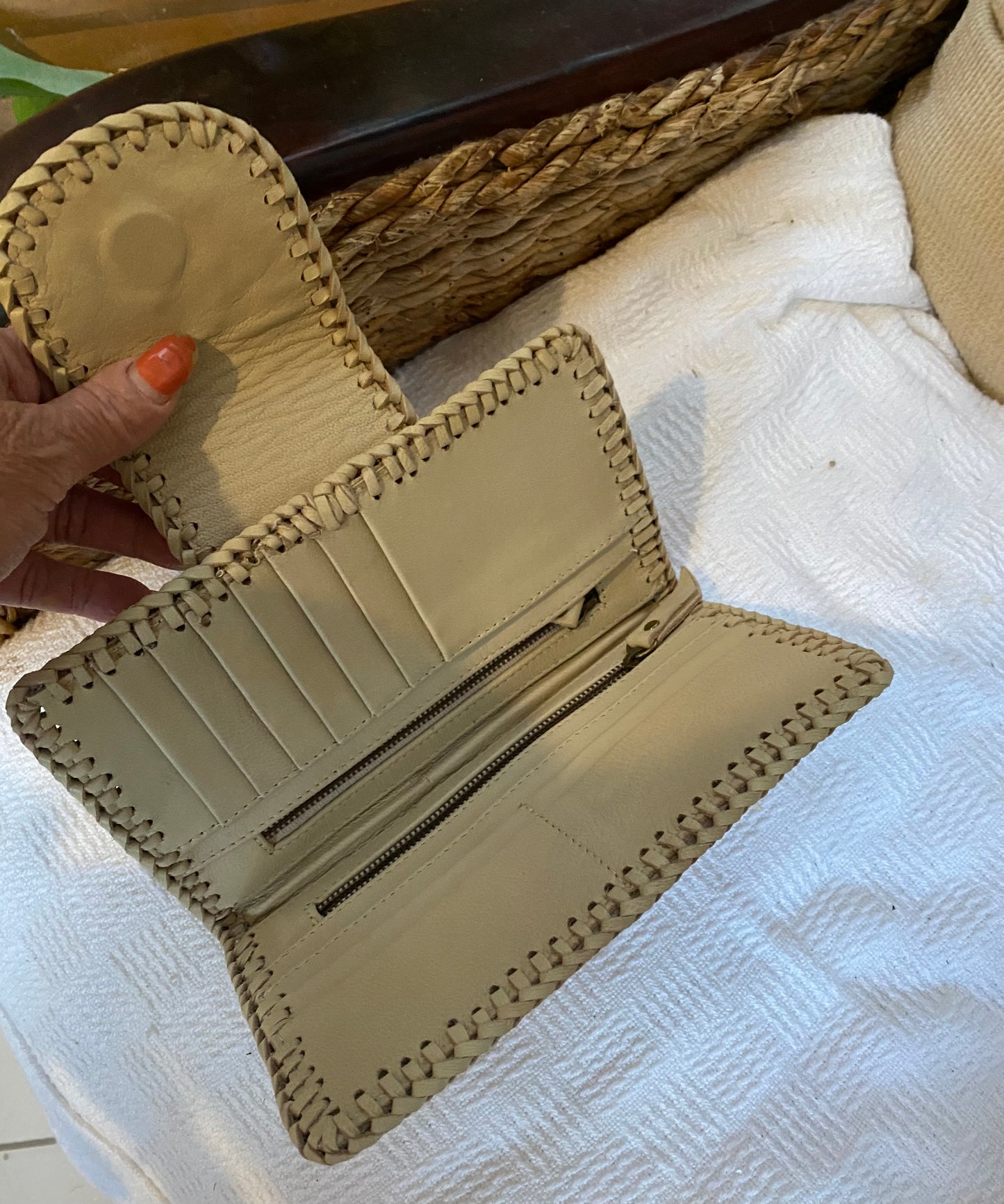 Aloha Mandala Leather Wallet Beige and Tan Plaid Stitching