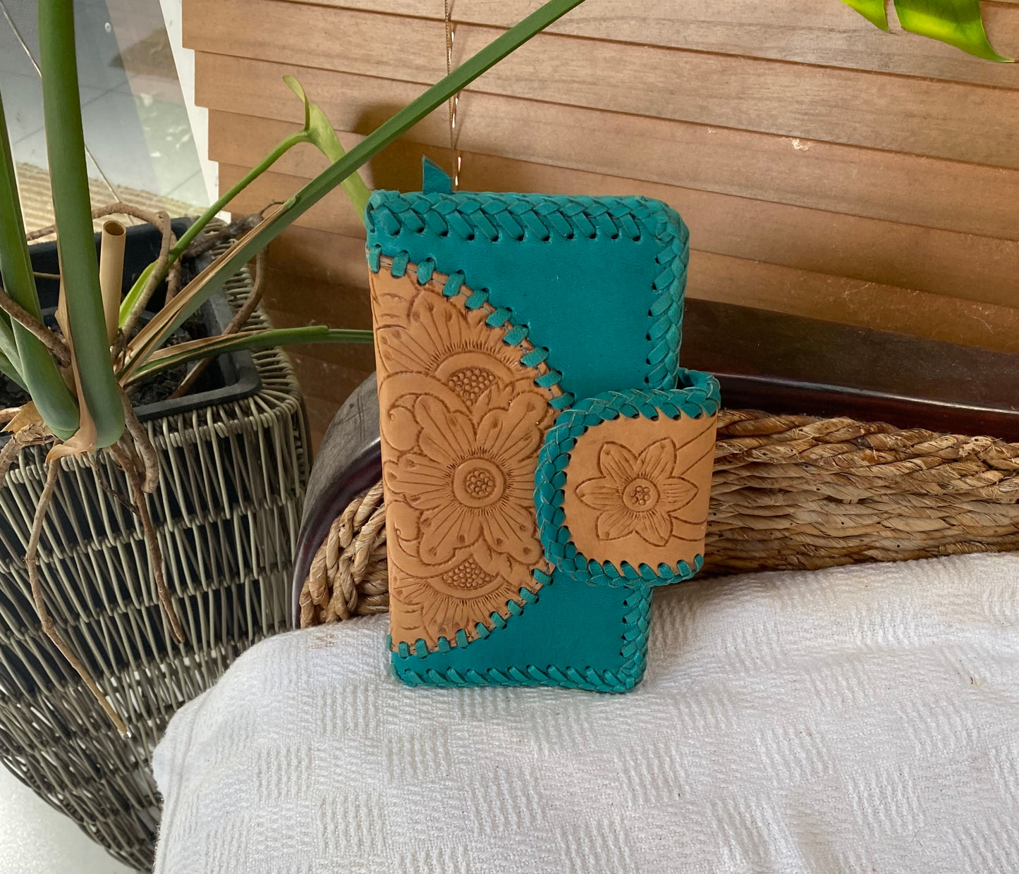 Aloha Mandala Leather Wallet Turquoise and Tan Plaid Stitching