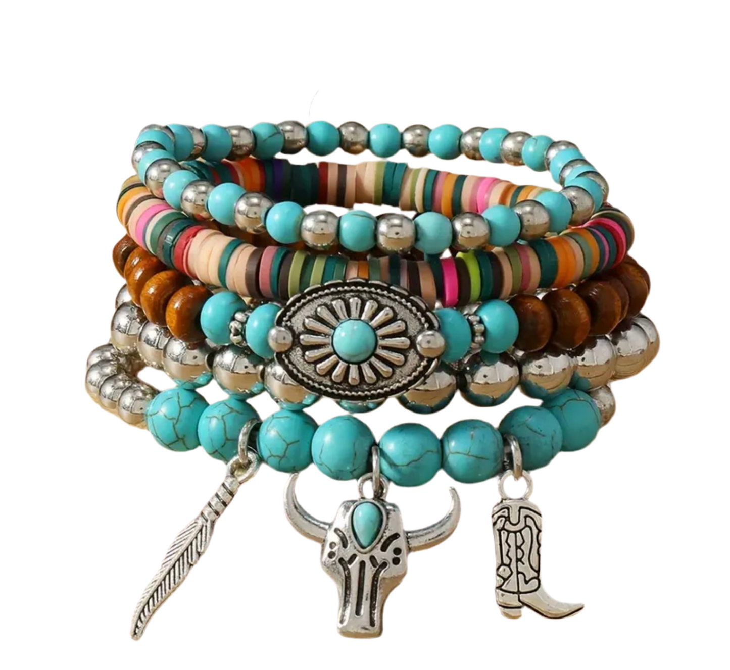 Boho Silver Plated Charms Beaded Layered Bracelet Turquoise Beads