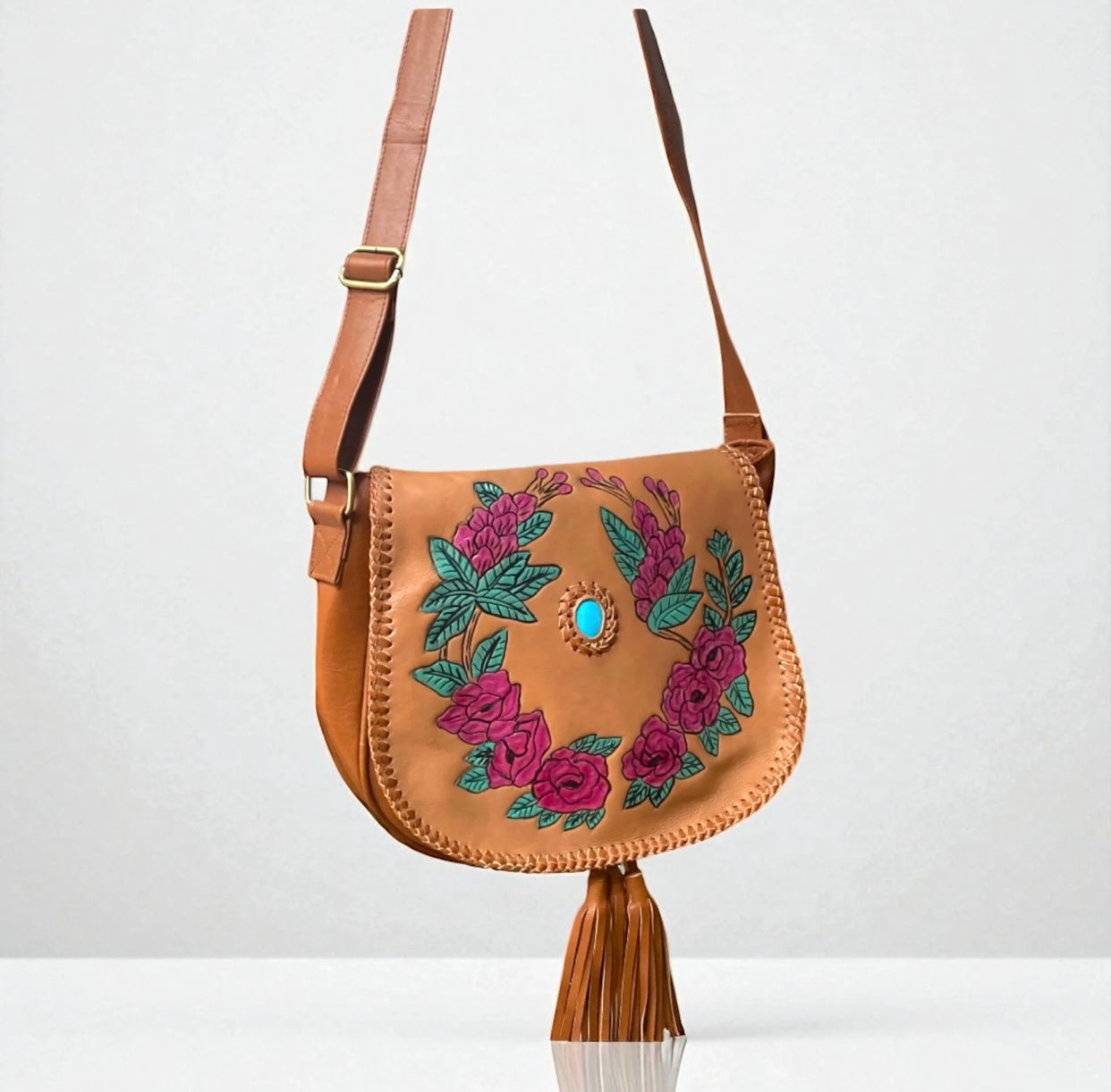 Rosalie Tan Brown Floral Leather Bag