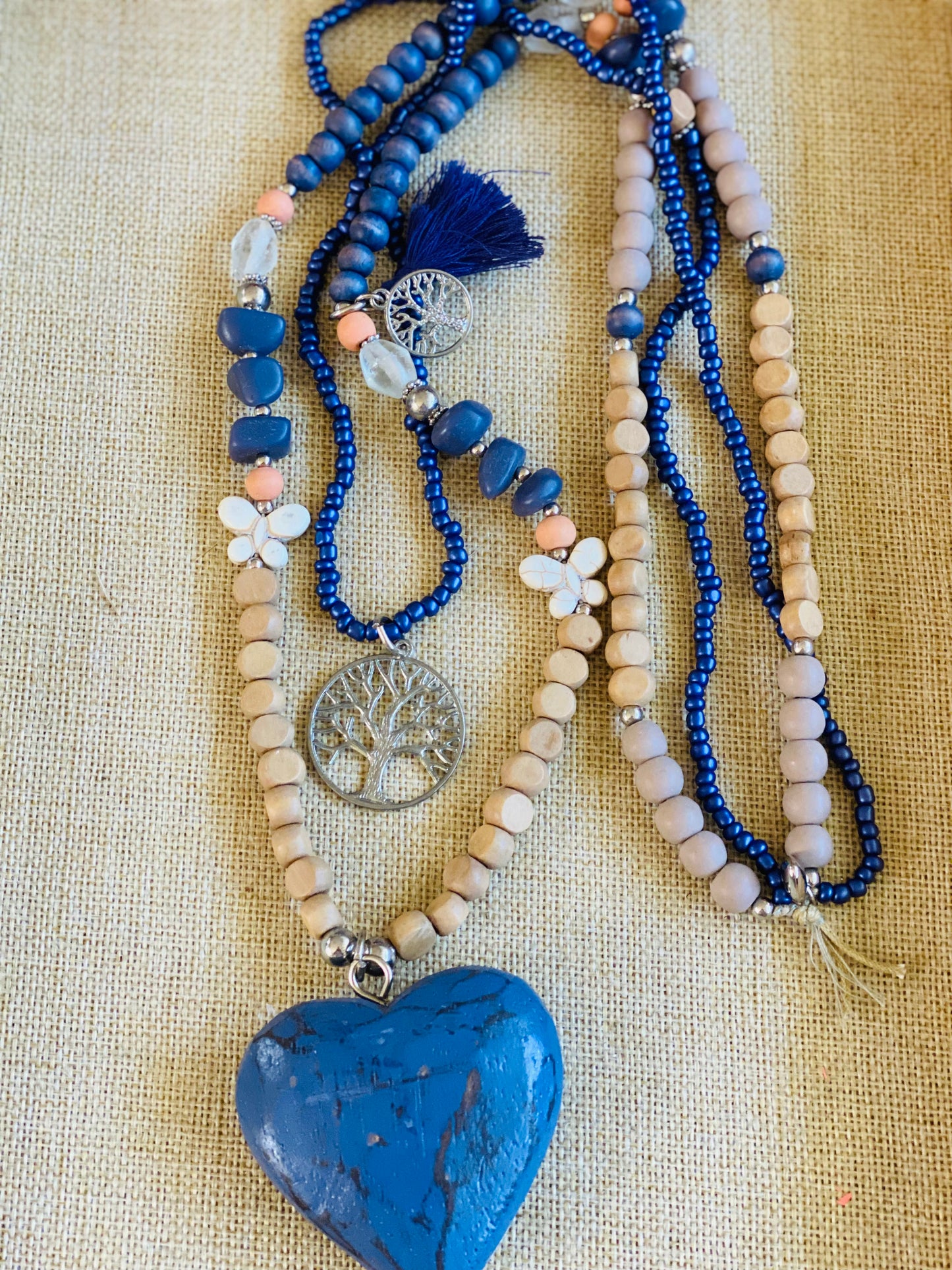 Wood Beads-Heart-Charms Garland Necklace Blue