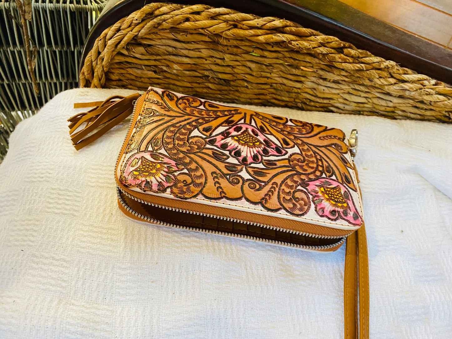 Tulips Leather Purse HandPainted and Hand-tooled