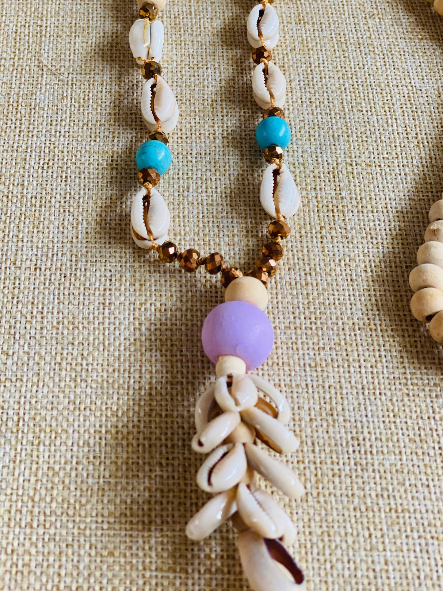 Natural Wood Beaded Shell Garland Necklace