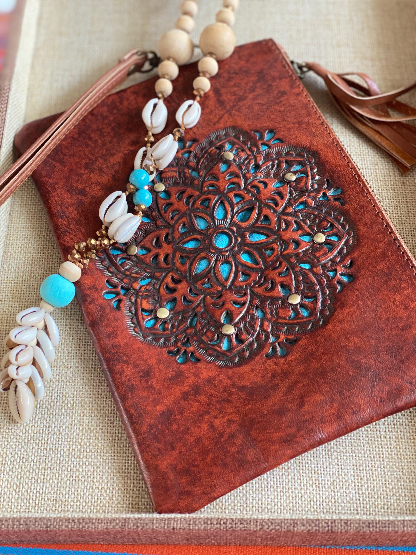 Mandala Leather Clutch with Strap