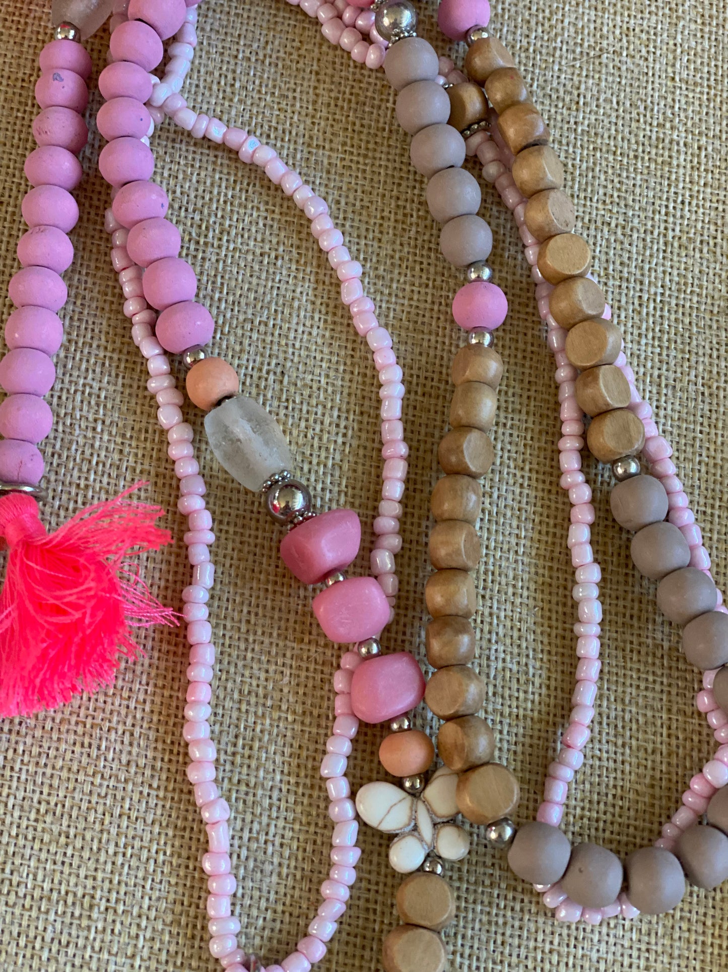 Wood Beads-Heart -Charms Garland Necklace Pink