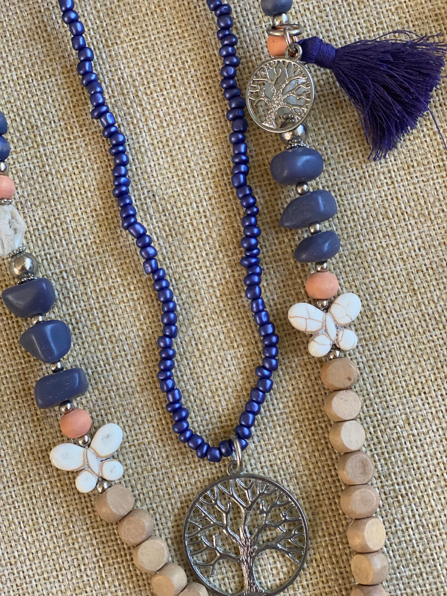 Wood Beads-Heart-Charms Garland Necklace Blue