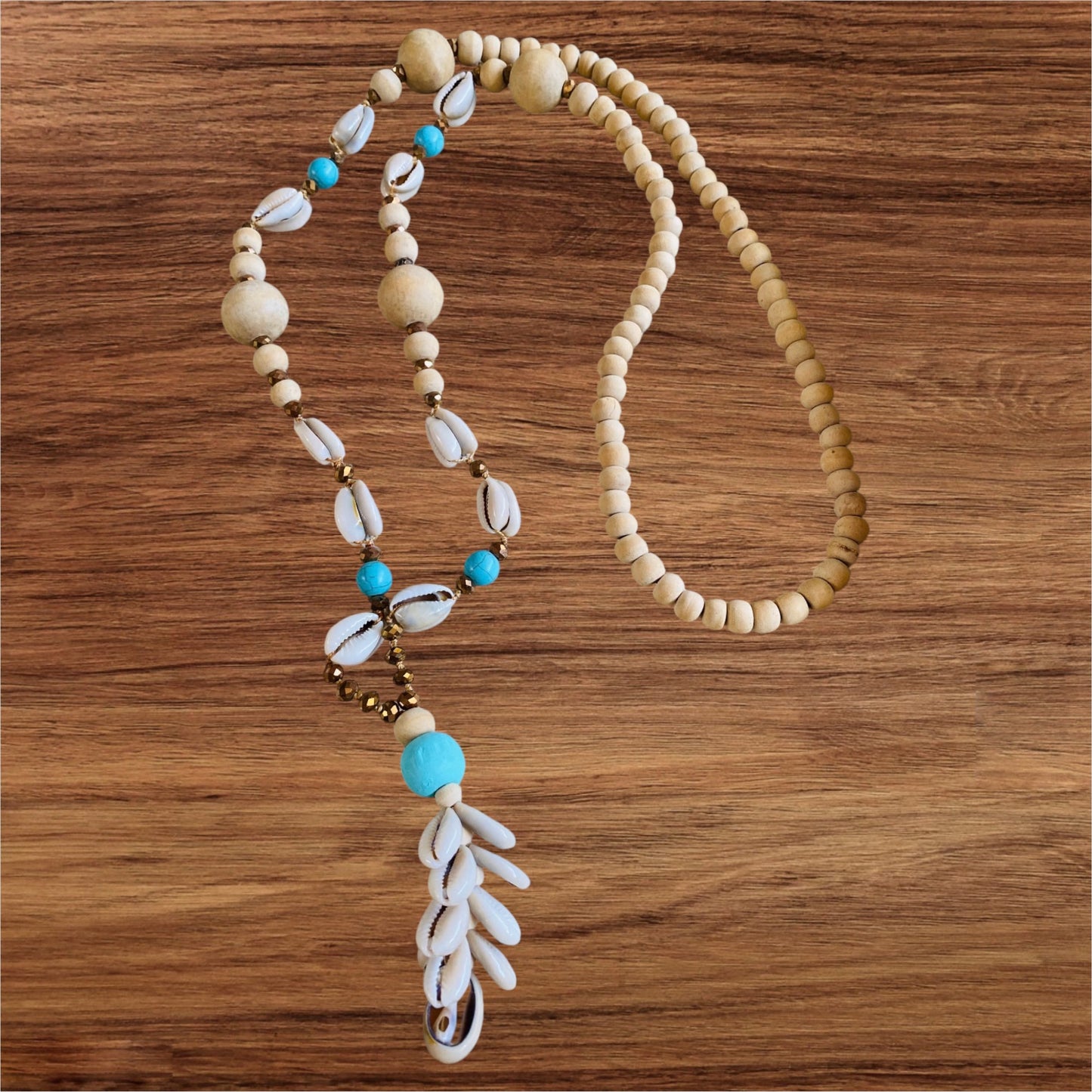 Beaded Cowrie Shell Garland Natural Beads Necklace Turquoise