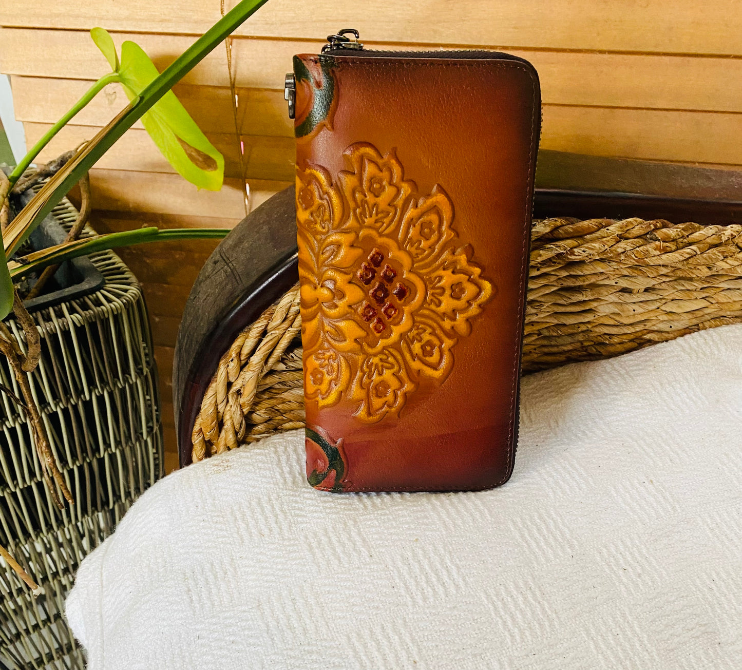 Leather Purse Dark Rustic Brown Filagree Print