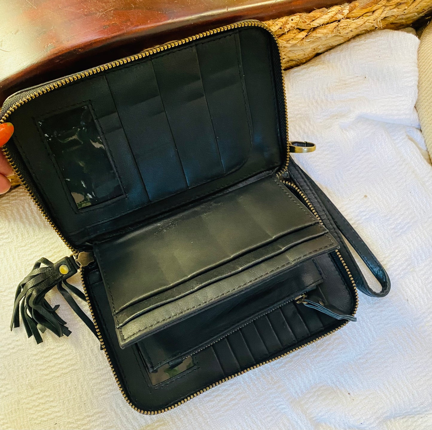Majestic Carved Leather Wallet Black Turquoise Inlay